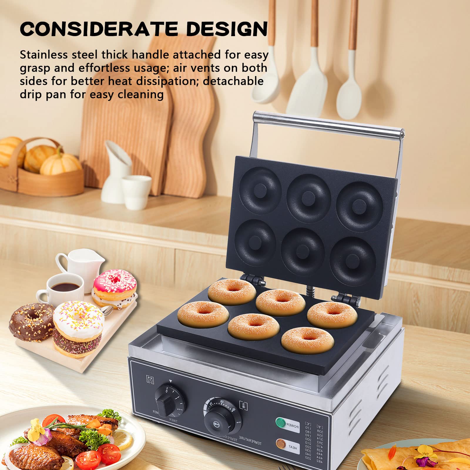 Electric Donut Maker Machine - 6 Hole Nonstick Doughnut Baker with Adjustable Temperature 122-572℉, 110V Commercial & Home Use - Perfect for Restaurants, Cafes, Breakfast Buffets and Family Baking
