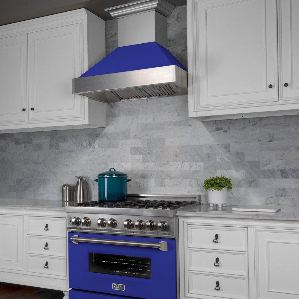 ZLINE 36 Inch Stainless Steel Wall Mount Range Hood - Satin Finish with Blue Matte Shell (8654BM 36) | Powerful Ducted Ventilation for Kitchen | Perfect for Modern Home Cooking & Smoke Removal