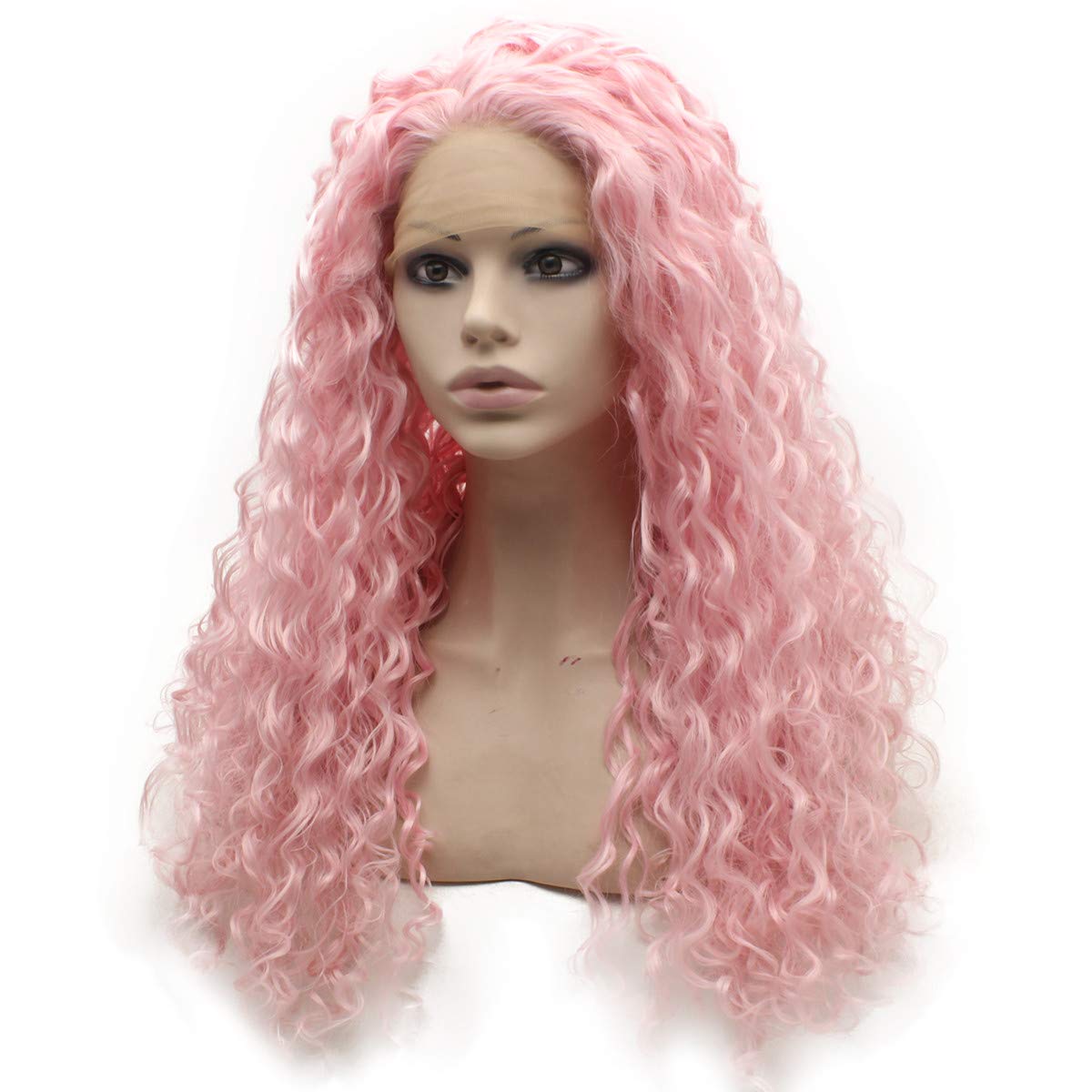 Mxangel Long Pink Curly Lace Front Synthetic Wig - Heat Resistant Cosplay Wig for Halloween, Party, Costume & Daily Wear