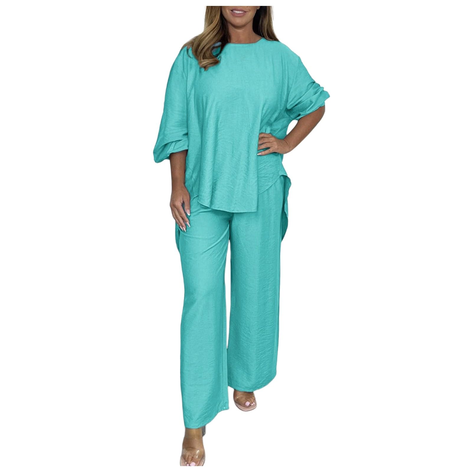 Women's Summer 2-Piece Outfit - Solid Crew Neck Long Sleeve Top & Flowy Wide Leg Lounge Pants Set | Comfortable Tracksuit for Casual Wear, Yoga, Home Relaxation & Vacation Outfits