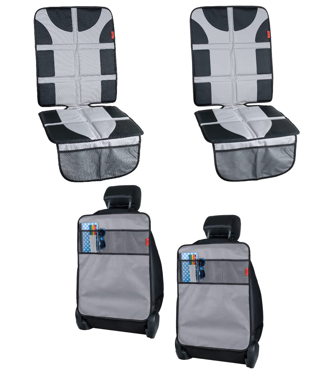 Lusso Gear 2-Pack Car Seat Protector & 2-Pack Heavy Duty Kick Mats (Gray) - Waterproof Seat Cover for Cars, Trucks & SUVs - Premium Oxford Fabric Protects Leather & Fabric Seats - Perfect for Family Travel, Road Trips & Daily Commute