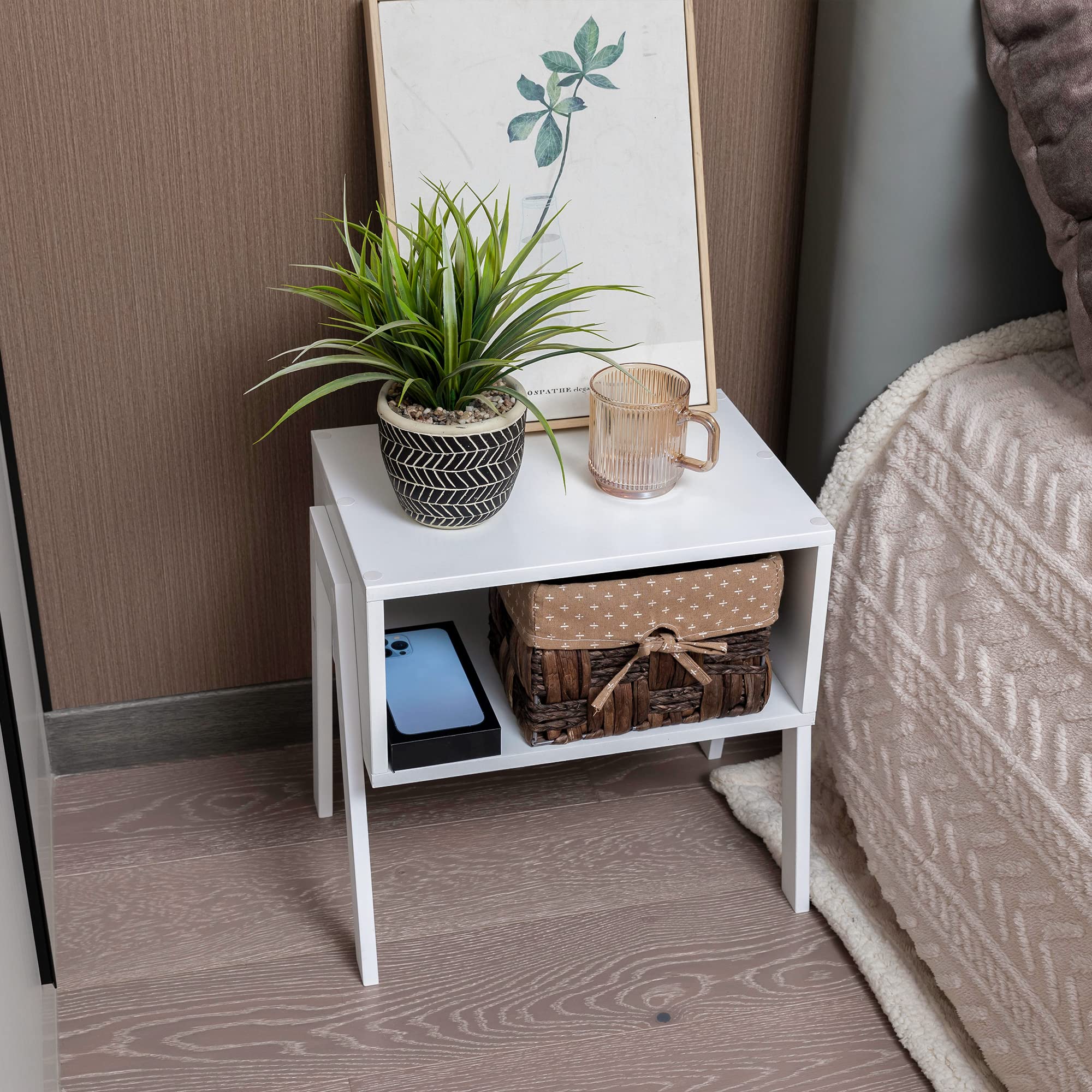 Forevich 2-Piece Stackable Bamboo End Tables - White Nightstands for Bedroom & Living Room, Perfect for Small Spaces & Modern Home Decor