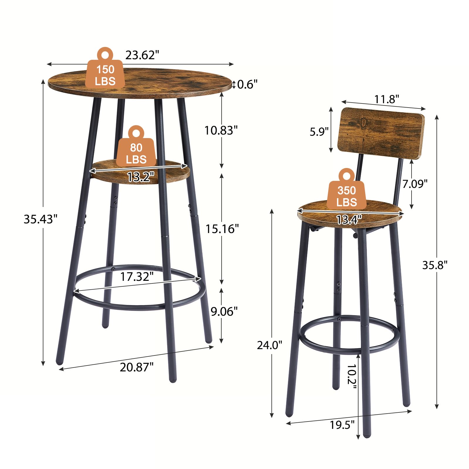 GNIXUU 3-Piece Pub Table Set - 24 Inch Round 2-Tier Bistro Table with 2 Backrest Bar Stools, Counter Height Dining Set for Kitchen Nook, Apartment, Small Space - Perfect for Breakfast Nook, Coffee Corner & Compact Living Areas