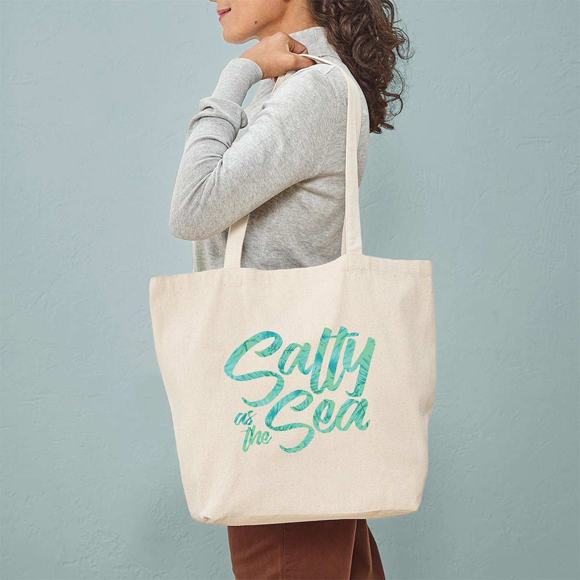 Salty As The Sea Print Natural Canvas Tote Bag - Eco-Friendly Reusable Grocery Shopping Bag for Beach Trips & Farmers Market