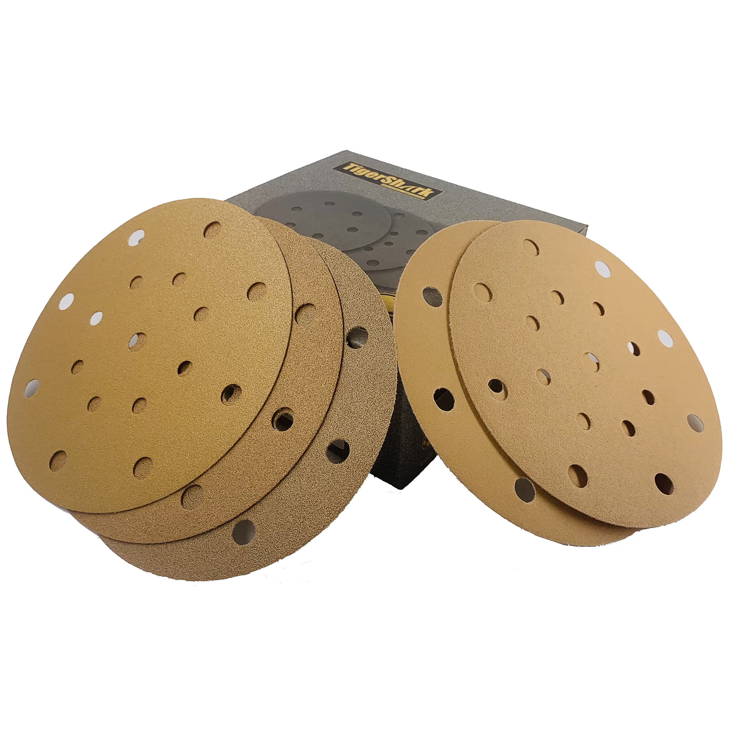 TigerShark 6 Inch 17 Hole Sanding Discs - 50pcs Assorted Grit 80/100/120/150/220 - Anti-Clog Coating Gold Line Hook & Loop for Dustless Random Orbital Sander - Perfect for Woodworking, Metal Polishing & DIY Home Projects