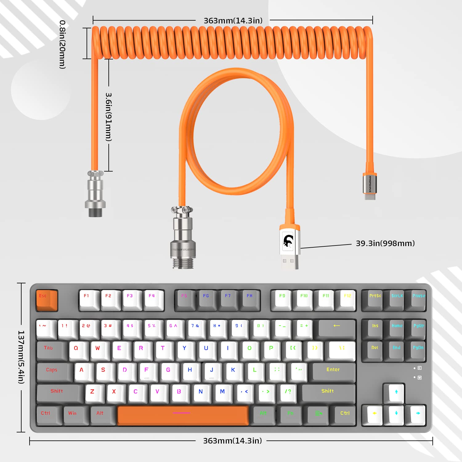 A.JAZZ AK873 87-Key Wired Mechanical Gaming Keyboard - RGB Backlit, Hot-Swappable Blue Switches, NKRO, Gasket Mount, Custom Coiled Aviator Cable - Compatible with Windows/Mac/PC/Laptop (Gray White Orange) - Perfect for Competitive Gaming, Office Work & Typing Enthusiasts