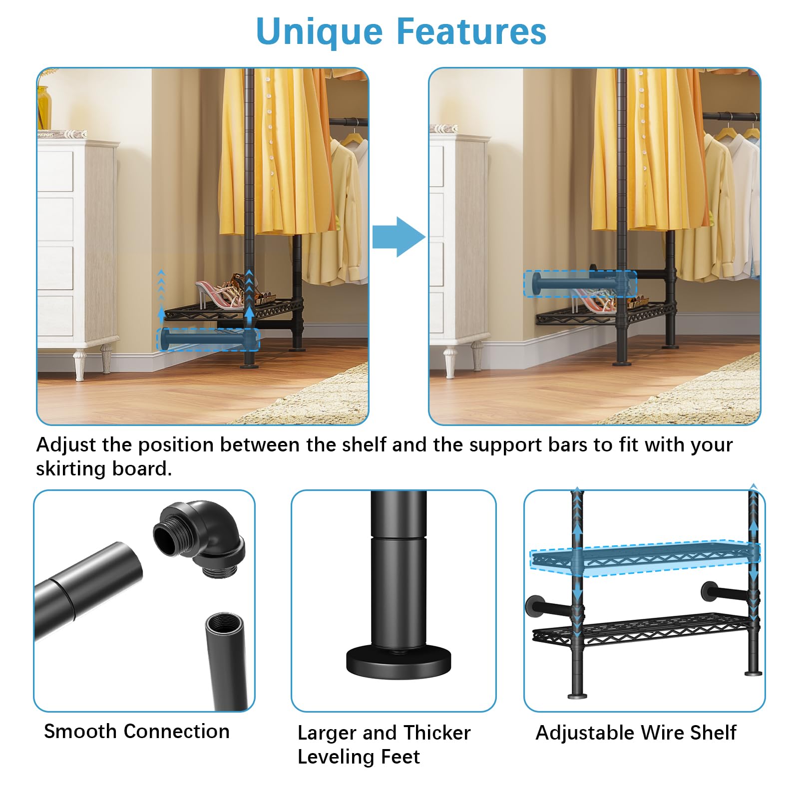 Timate F4 Heavy Duty Wall Mounted Industrial Pipe Clothing Rack - Adjustable Garment Organizer for Hanging Clothes, Expandable Wardrobe Storage Closet Kit in Black | Perfect for Small Spaces, Laundry Rooms & Apartment Closet Organization