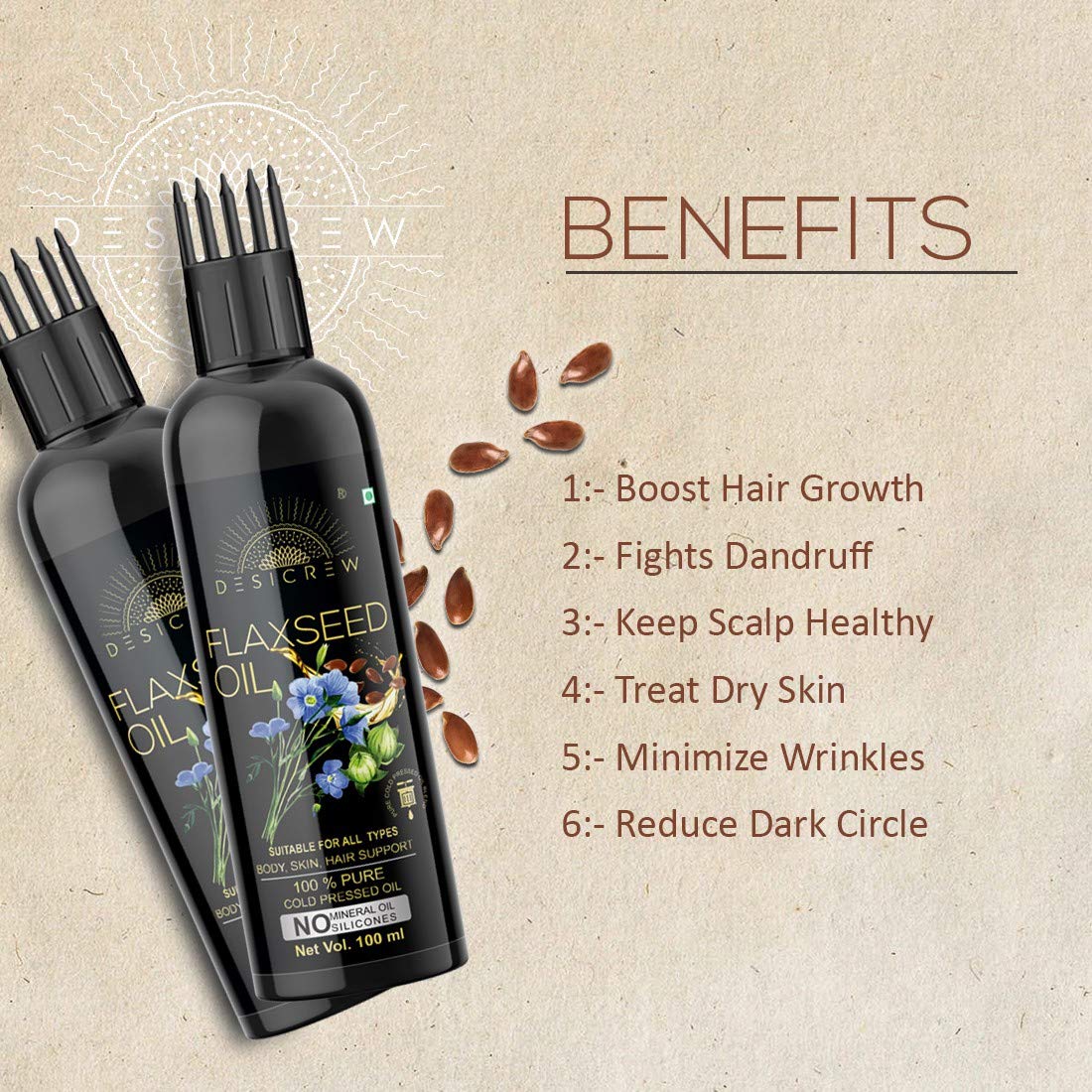 Desi Crew 100% Pure Cold Pressed Flaxseed Hair Oil with Comb Applicator - No Mineral Oil & Silicones - Natural Hair Growth & Scalp Treatment - 100mL (Pack of 2) for Dry, Damaged Hair & Skin Care - Perfect for Daily Nourishment & Styling