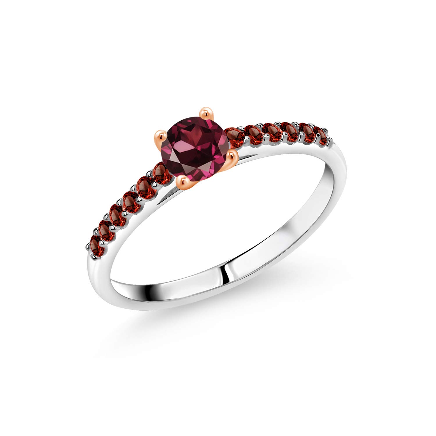 0.84 Ct Natural Red Rhodolite Garnet Ring - 5mm Round Cut Gemstone in 925 Sterling Silver with 10K Rose Gold Prongs | Elegant Jewelry for Women, Perfect for Weddings, Anniversaries & Special Occasions
