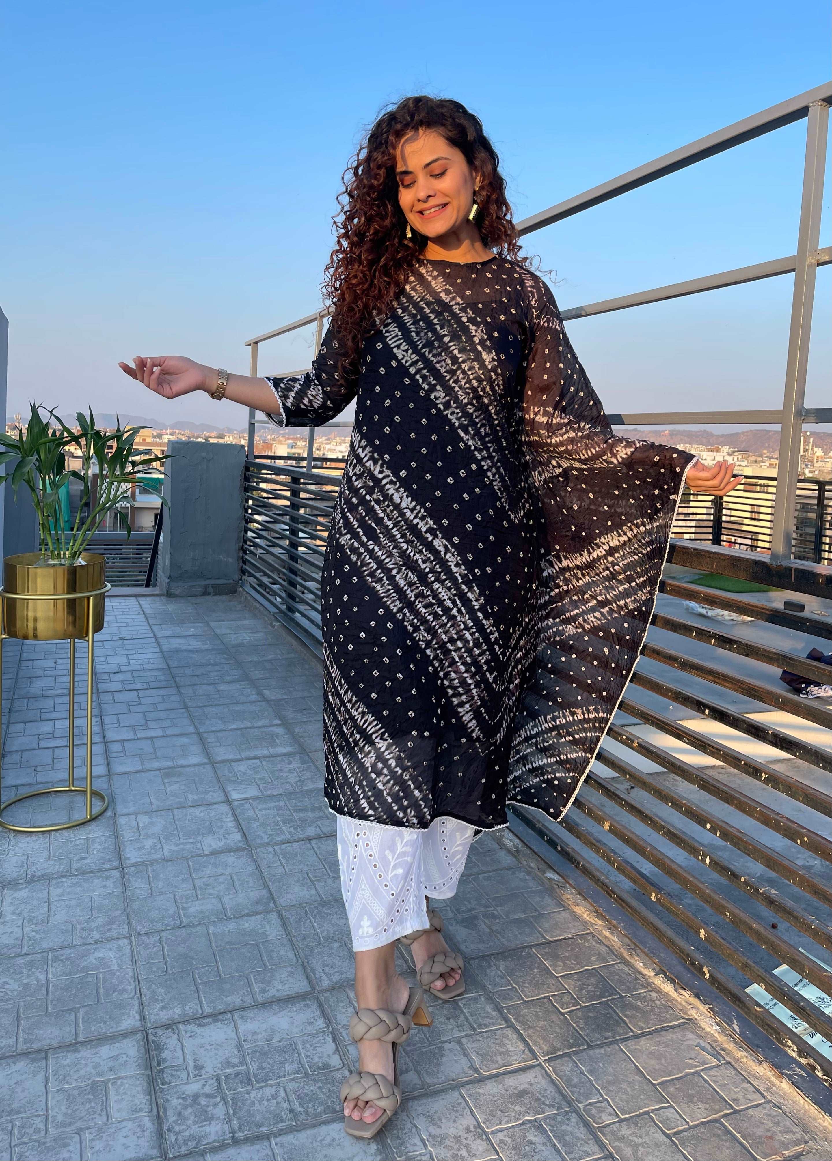Stylish Black Bandhani Festive Kaftan Set for Women - Traditional Indian Ethnic Wear for Parties, Weddings & Festive Occasions