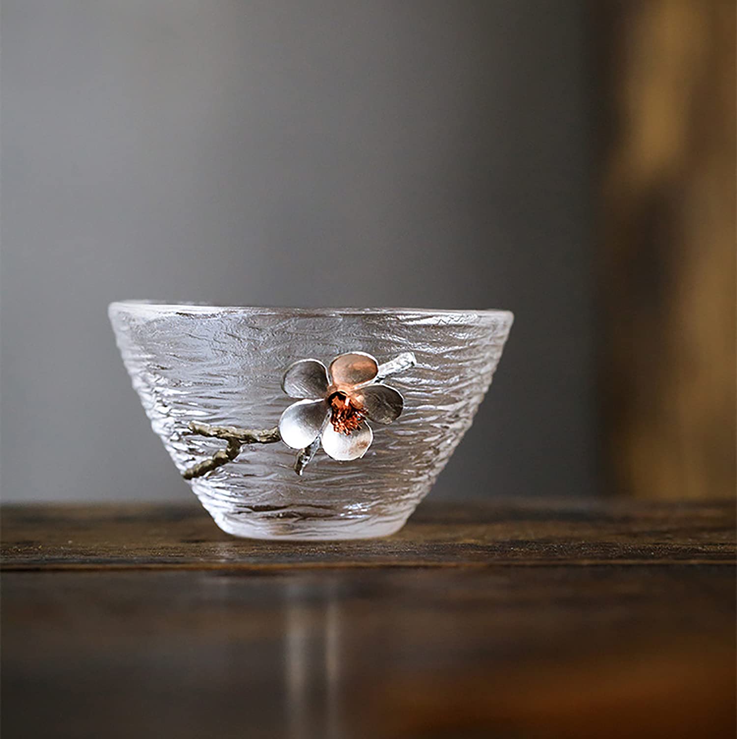 Japanese Hammered Glass Tea Cups Set of 2 - Handcrafted Sake Cups with Tin & Copper Plum Blossom Design, 2.3 oz - Perfect for Tea Ceremonies, Japanese Dining & Gift Giving