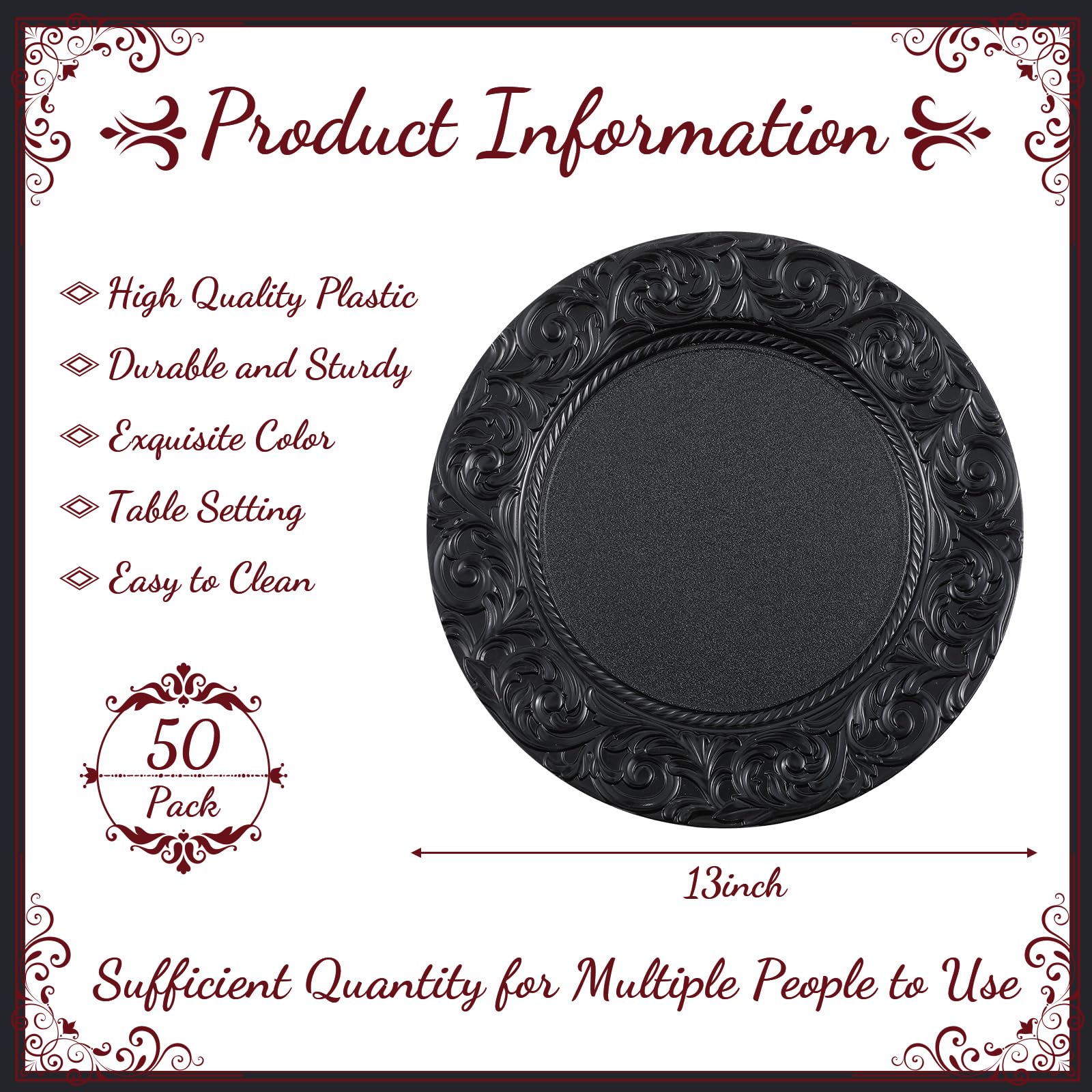 50 Pcs Antique Black Charger Plates - 13 Inch Embossed Rim Plastic Decorative Round Plates for Wedding, Dinner Party & Special Events - Elegant Table Setting Decorations for Formal Dining, Buffets and Holiday Celebrations