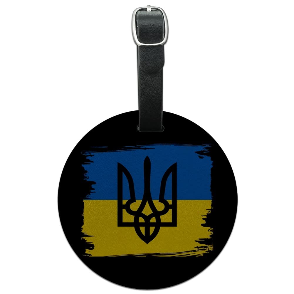 Ukraine Coat of Arms Round Leather Luggage Tag - Personalized Suitcase ID Tag for Travel Bags - Perfect for Carry-Ons, Checked Luggage & Backpack Identification