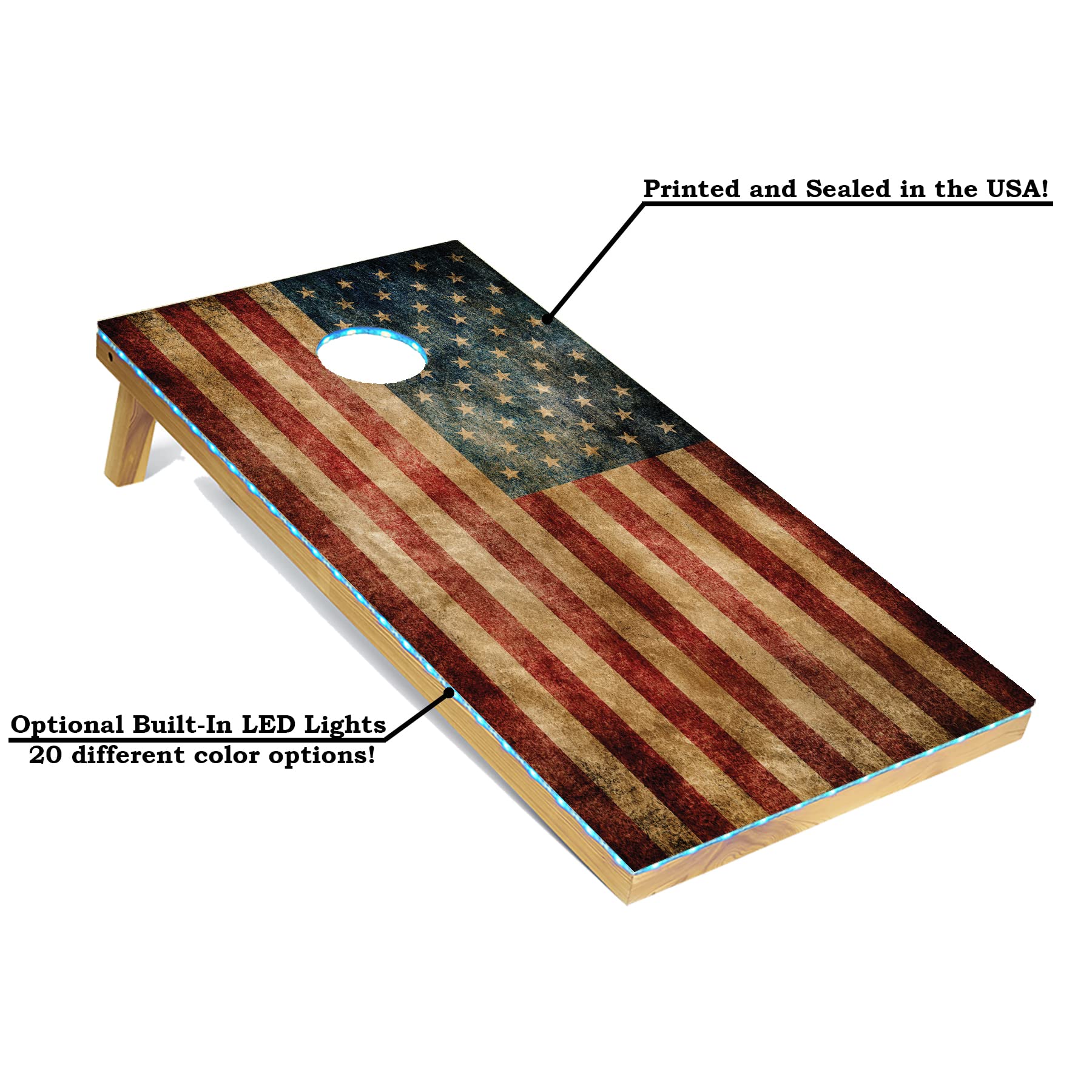 Premium Rustic American Flag Cornhole Boards Set with LED Ring & Carrying Case – 4'x2' Distressed Wooden Cornhole Game with 8 Bean Bags – Perfect for Tailgate Parties, Backyard BBQs, and Outdoor Family Gatherings