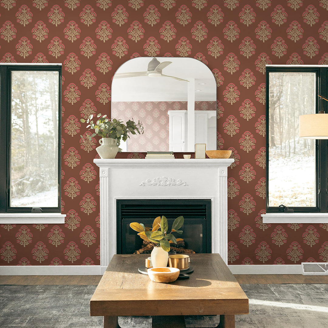 Authentic Grasscloth Wallpaper with Block Floral Print - Premium Peel & Stick Wall Covering for Living Room, Bedroom, and Home Decor