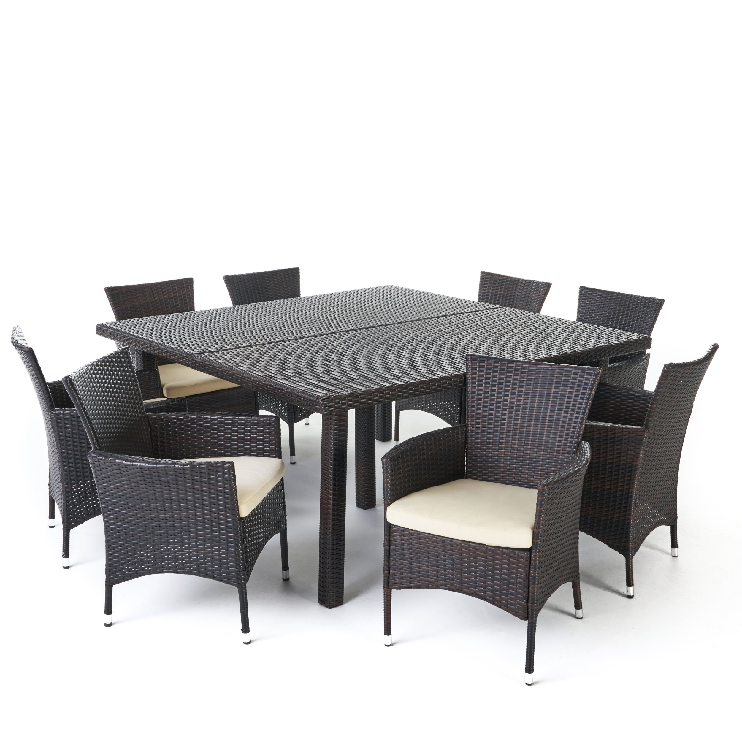 Christopher Knight Home Chadney 9-Piece Outdoor Wicker Square Dining Set with Water Resistant Cushions - Multibrown & Crème Cushions for Patio, Garden, or Poolside Dining