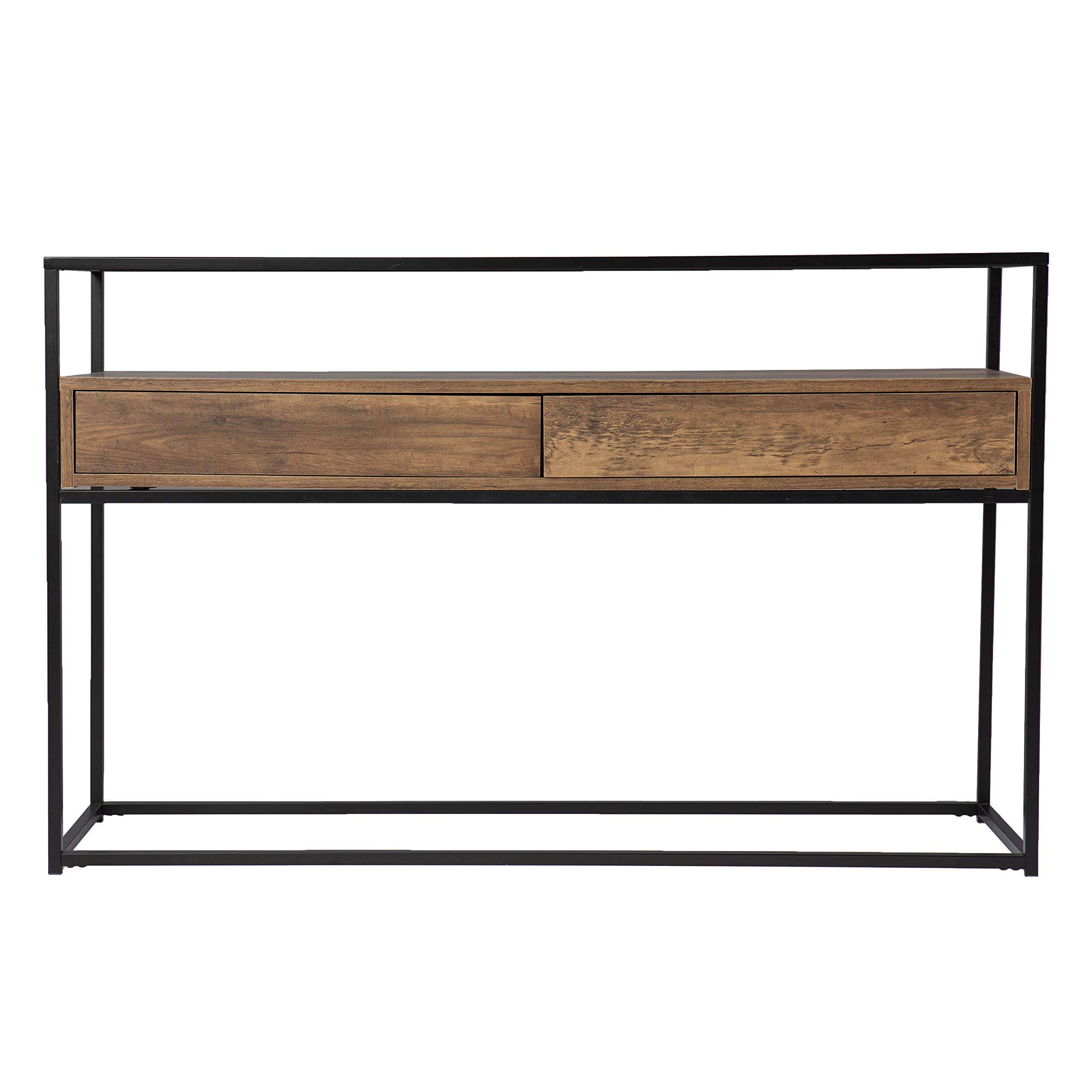 SEI Furniture Olivern Glass-Top Console Table with Storage - Modern Industrial Farmhouse Style Entryway Table for Living Room, Hallway & Foyer - Brown Wooden Sofa Table with Open Shelf Design