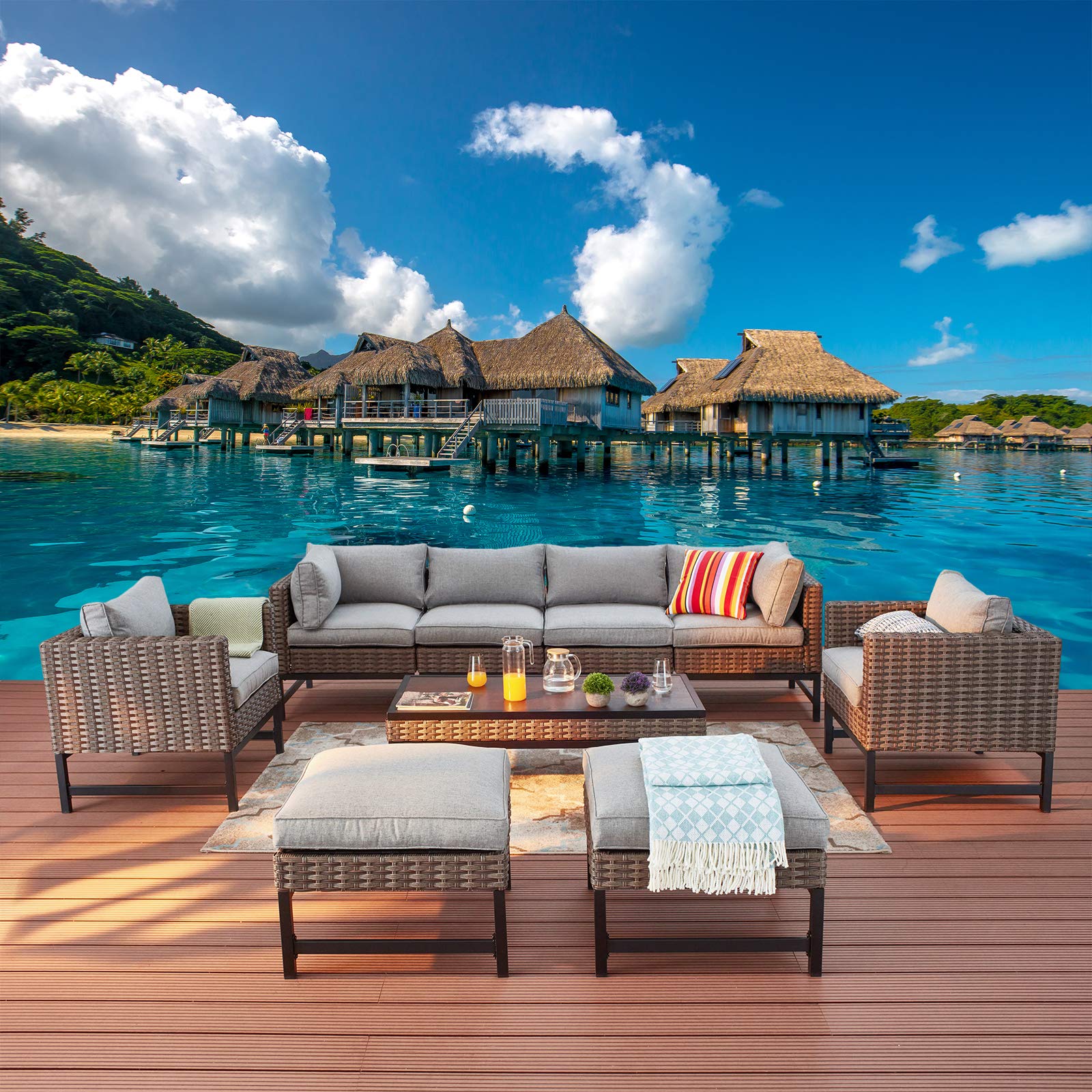 9-Piece Patio Conversation Set - Outdoor Sectional Sofa, Loveseat, Chaise Lounge with All-Weather Wicker & Metal Frame, Gray Cushions & Coffee Table - Perfect for Backyard, Poolside & Garden Relaxation