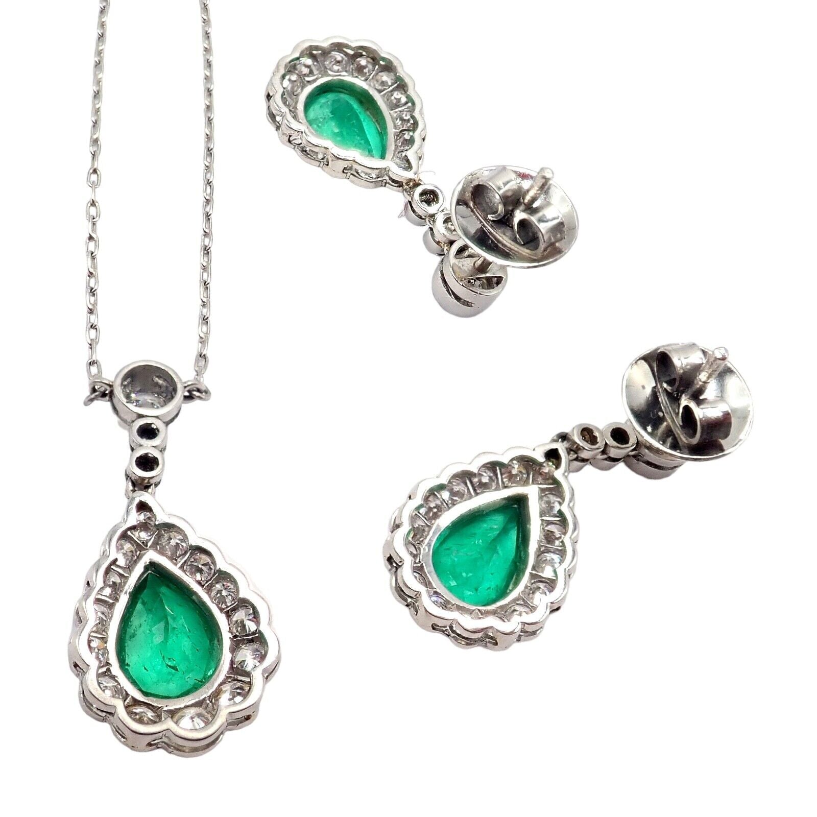 Vintage Platinum Diamond Emerald Earrings and Necklace Set - Elegant Estate Jewelry for Weddings, Anniversaries & Special Occasions