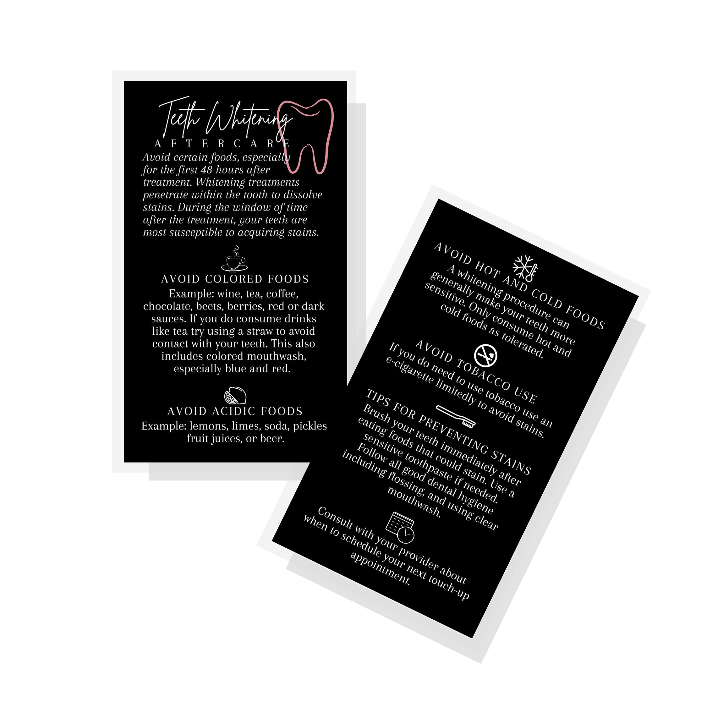 Premium Teeth Whitening Aftercare Cards - 50 Pack (2x3.5 Inch) | Business Card Size | Wallet Friendly | Black with Pink Tooth Design | Perfect for Dental Offices, Salons & Client Appreciation Gifts