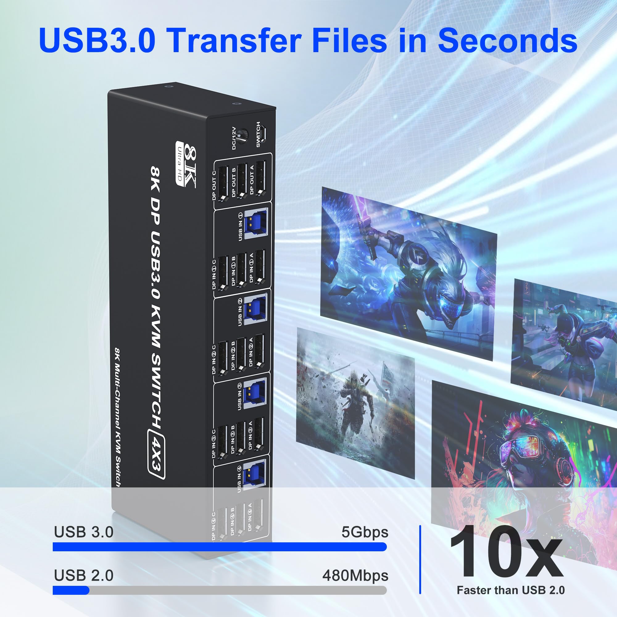 8K @ 60Hz 4K @ 144Hz Triple DisplayPort KVM Switch for 4 Computers & 3 Monitors - USB 3.0 Hub with Audio/Mic Support - Perfect for Multi-PC Gaming, Trading & Office Workstations