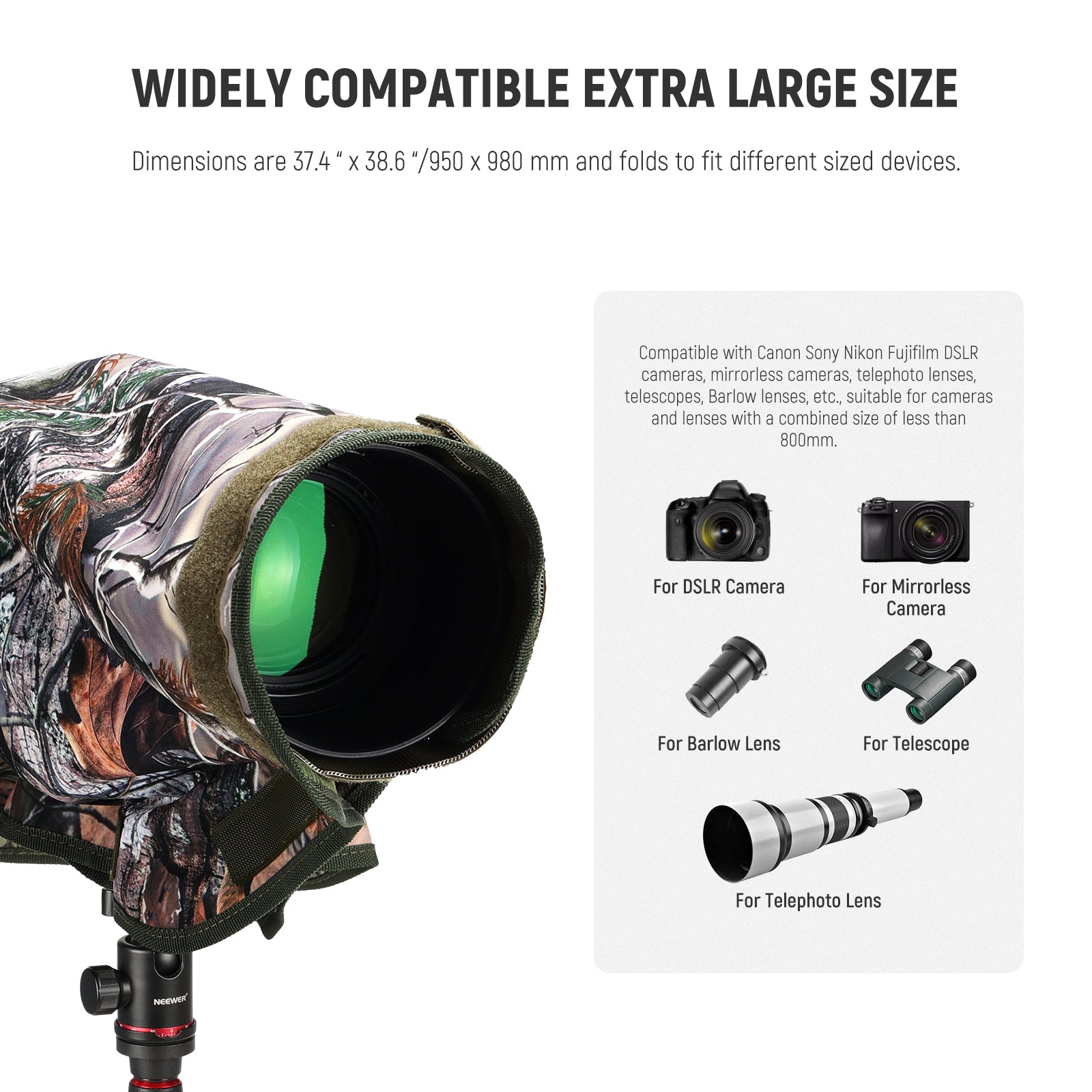 NEEWER PB019 Dual Sided Camouflage Rain Cover for DSLR Camera - Waterproof Protection for Outdoor Photography, Hunting & Wildlife Shooting