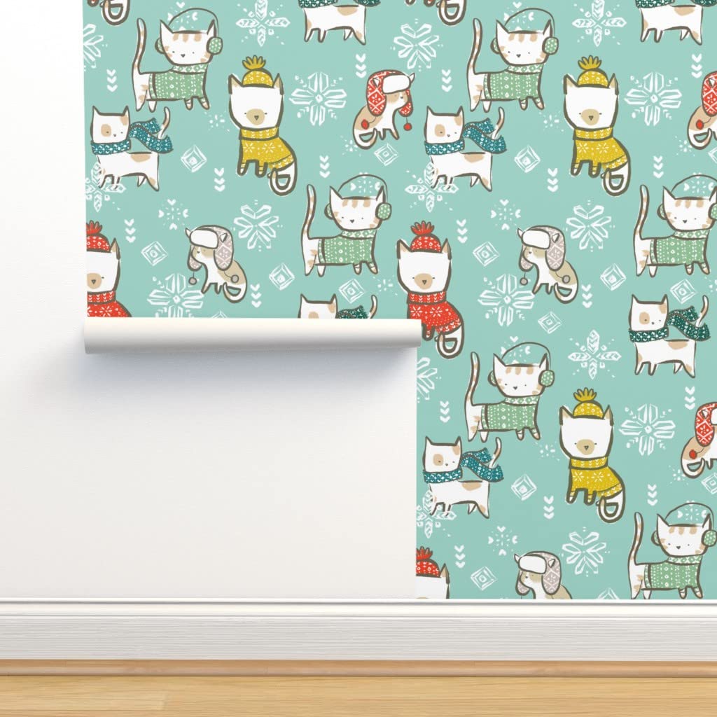 Festive Winter Cats Holiday Sweater Peel & Stick Wallpaper - 12ft x 2ft Removable Self-Adhesive Wallpaper for Nursery, Bedroom & Home Decor | Gender Neutral Custom Design by Spoonflower | Perfect for Christmas Decorations, Kids Rooms & Seasonal Home Styling