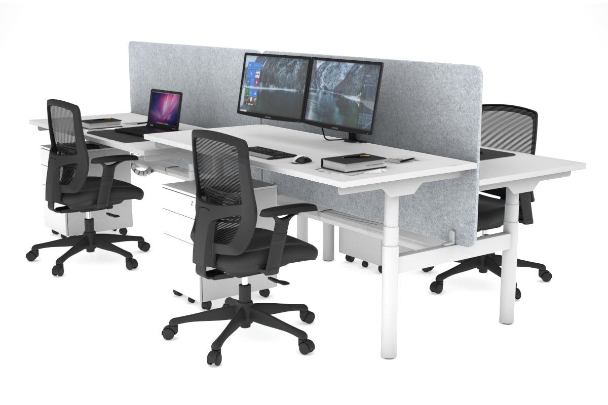 Flexi Premium Height Adjustable 4-Person H Bench Workstation - White Frame [1400L x 700W] - Ergonomic Office Desk for Collaborative Workspaces & Coworking Environments