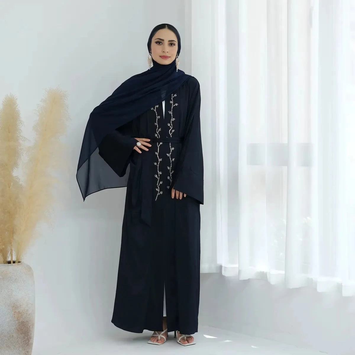 Elegant Beaded Wrinkle Satin Cardigan Open Abaya Dress #25828 - Perfect for Evening Parties, Weddings & Special Occasions