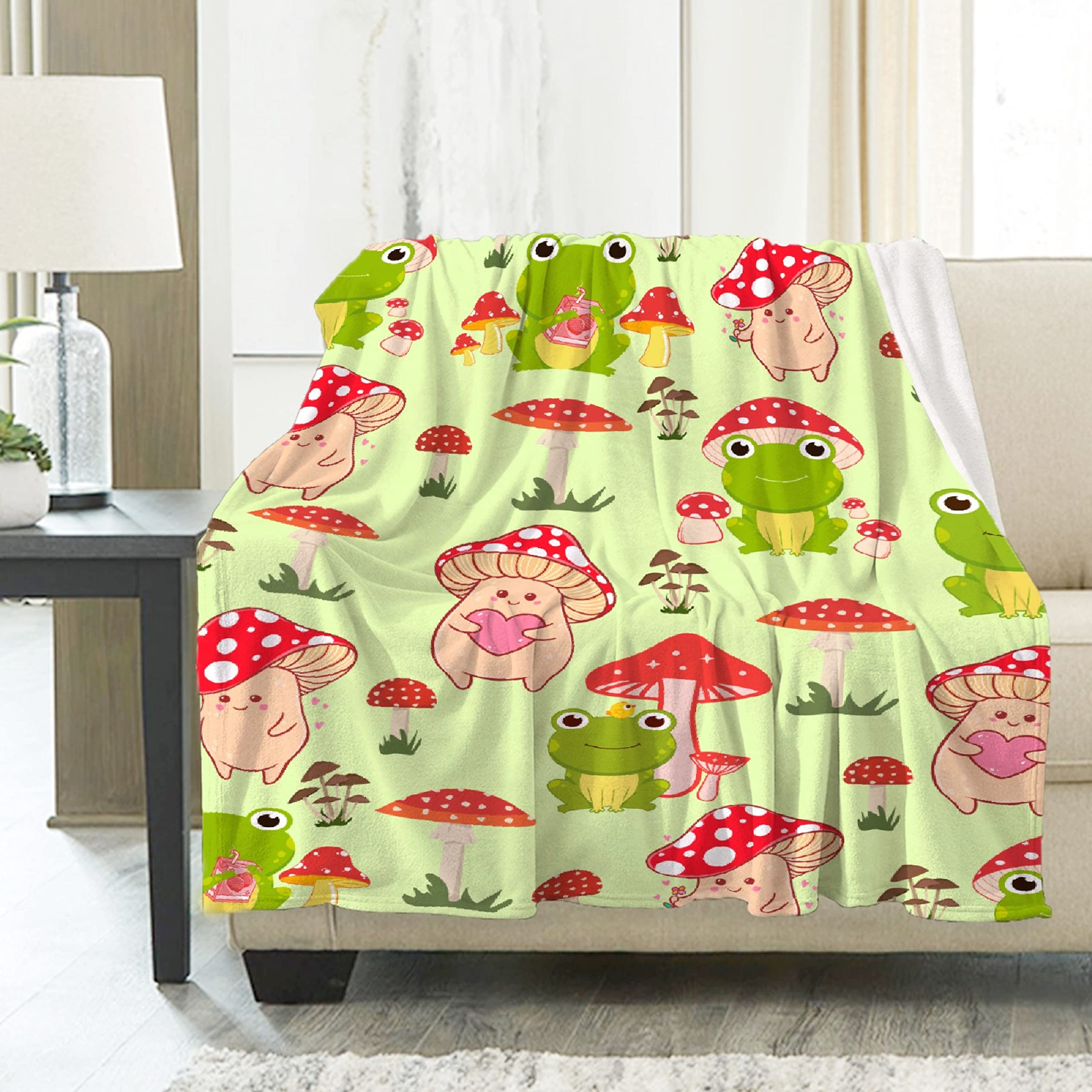 Cute Frogs with Mushrooms Fleece Blanket - Ultra Soft Warm Lightweight Flannel Throw Blanket for Boys & Girls (120
