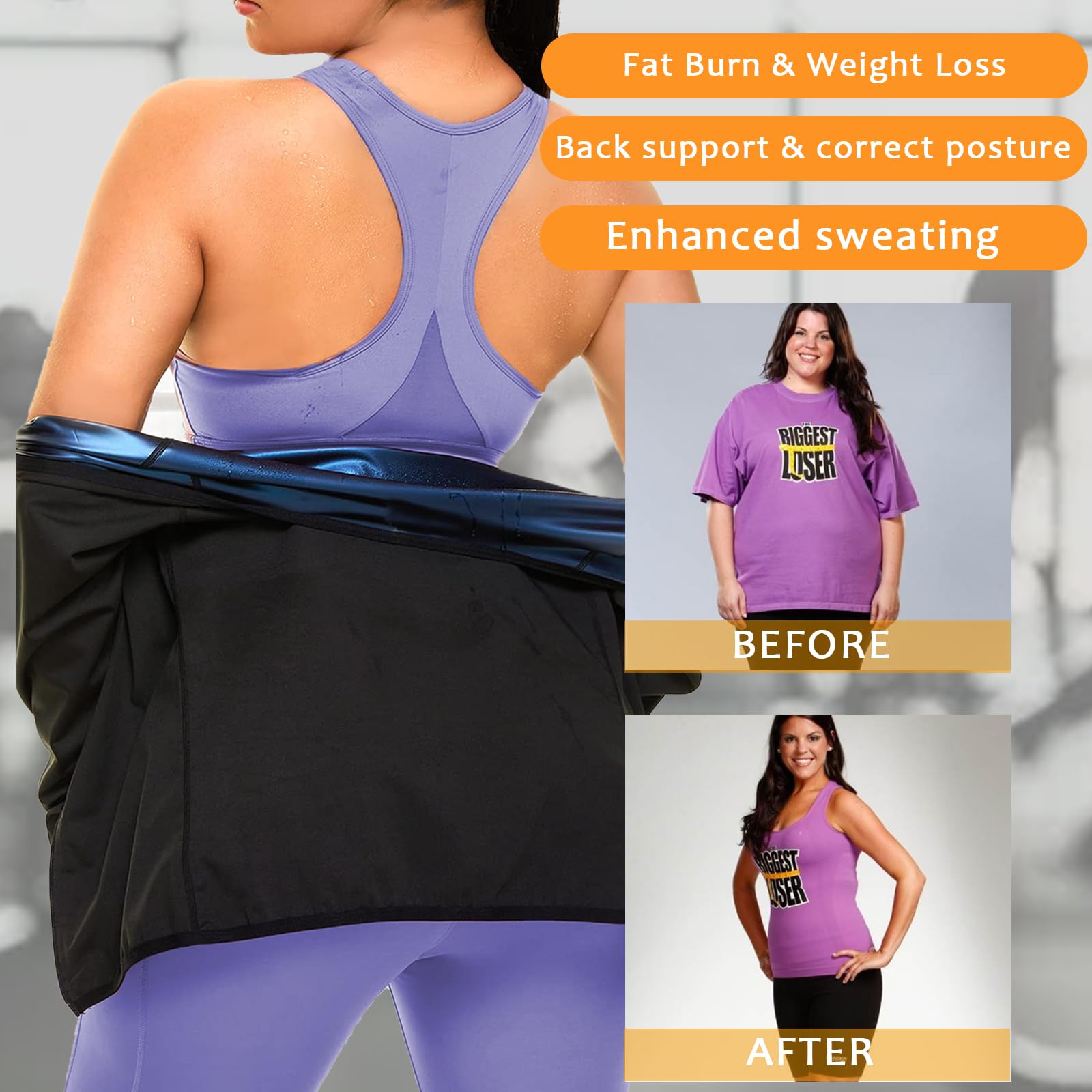 Women's Sauna Suit Shirt - Weight Loss Sweat Vest with Zipper, Waist Trainer & Workout Compression Tank Top for Fitness, Gym & Detox