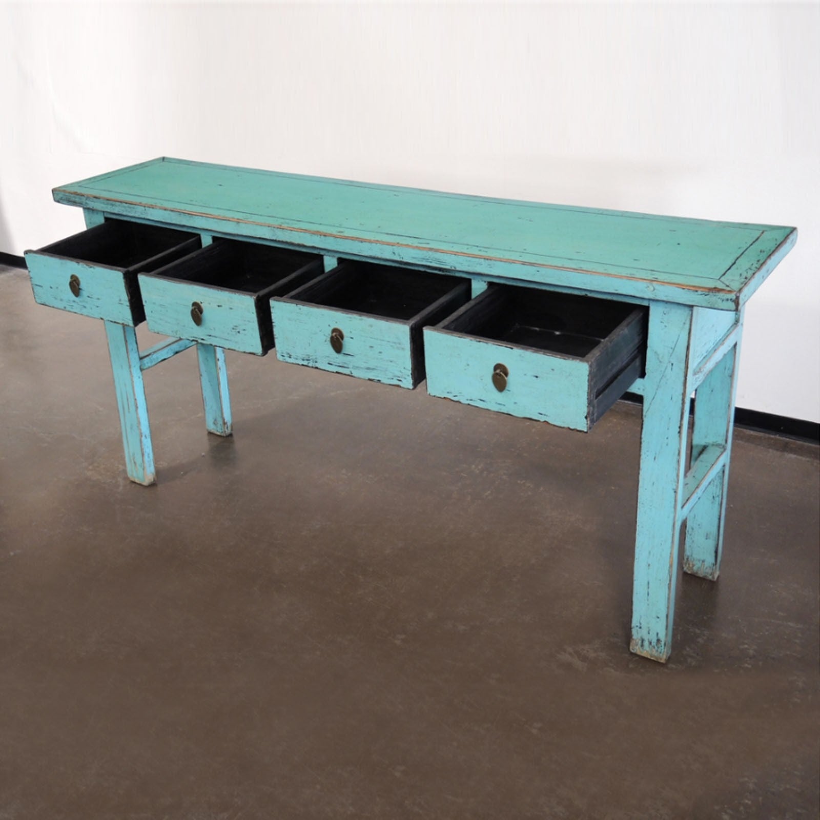Golden Dragon Oriental Painted Solid Wood 4-Drawer Hall Table in Turquoise Blue - Perfect for Entryway Decor, Living Room Storage & Asian-Inspired Home Furnishing