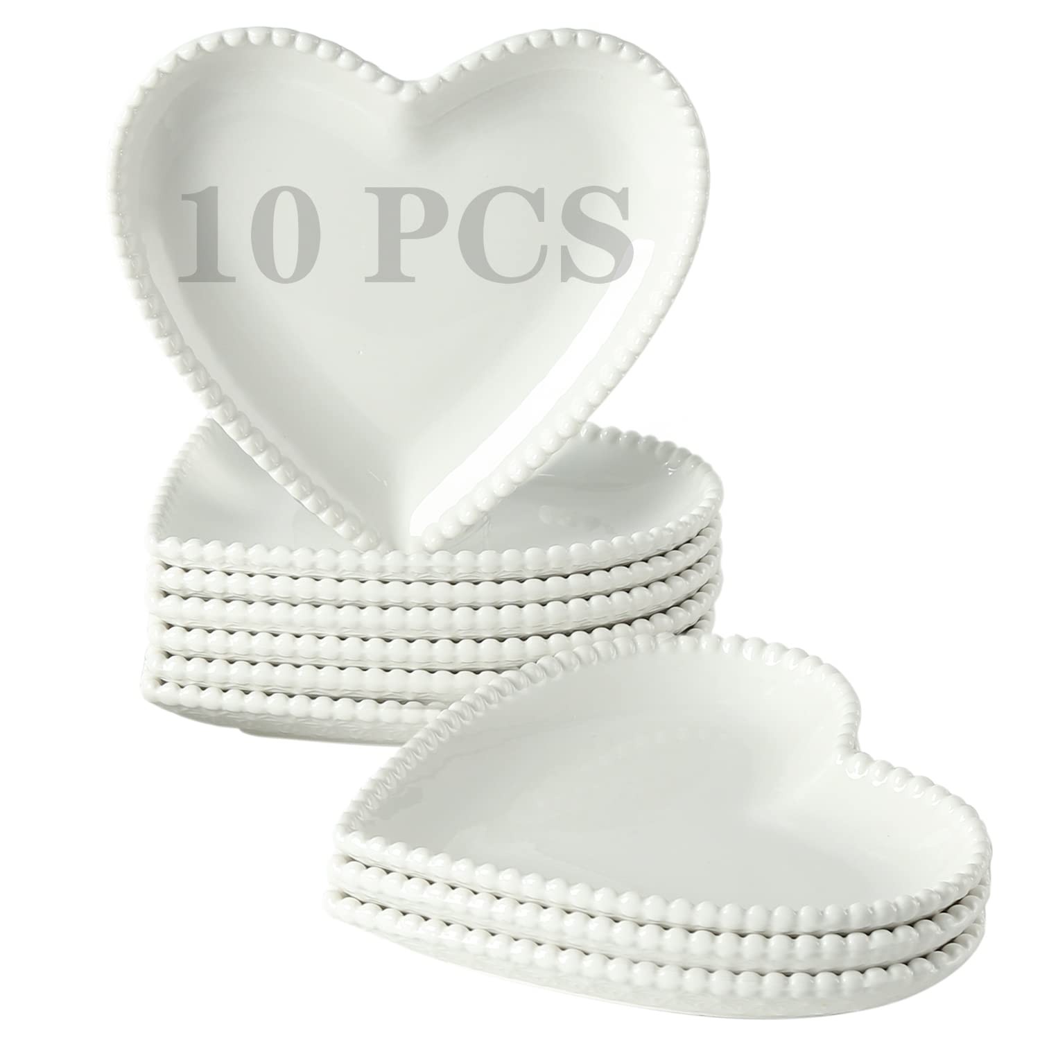 6.3 Inch White Heart-Shaped Porcelain Appetizer Plates - Set of 10 Small Dinner Plates for Dessert, Salad, Cake, Snack & Ice Cream - Microwave, Oven & Dishwasher Safe - Perfect for Valentine's Day, Bridal Showers & Romantic Dinners
