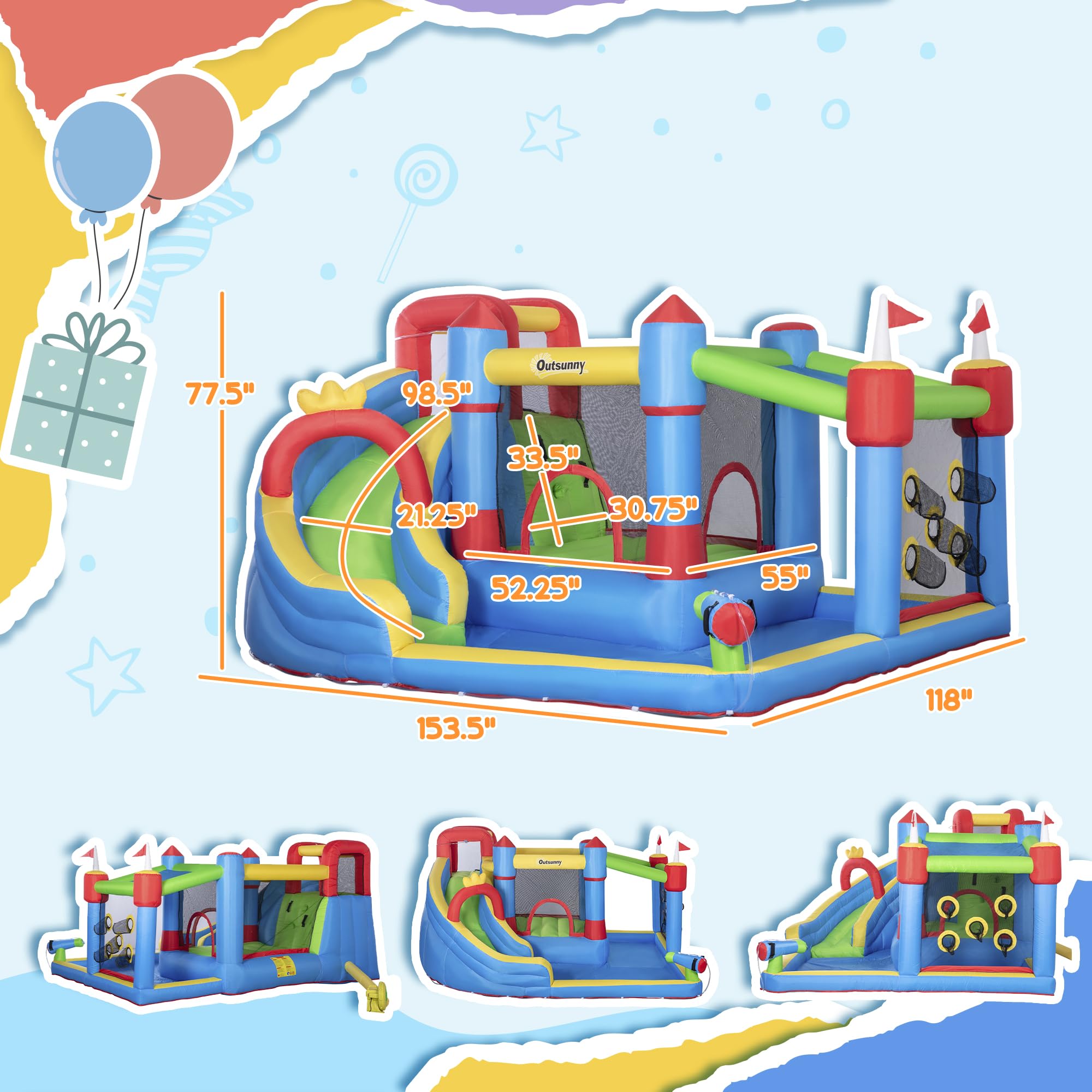 Outsunny 6-in-1 Inflatable Bounce House with Slide, Climbing Wall & Water Cannon - Kids Outdoor Water Play Bouncer with 2 Min Quick Inflation Pump - Perfect for Backyard Parties, Summer Fun & Birthday Celebrations