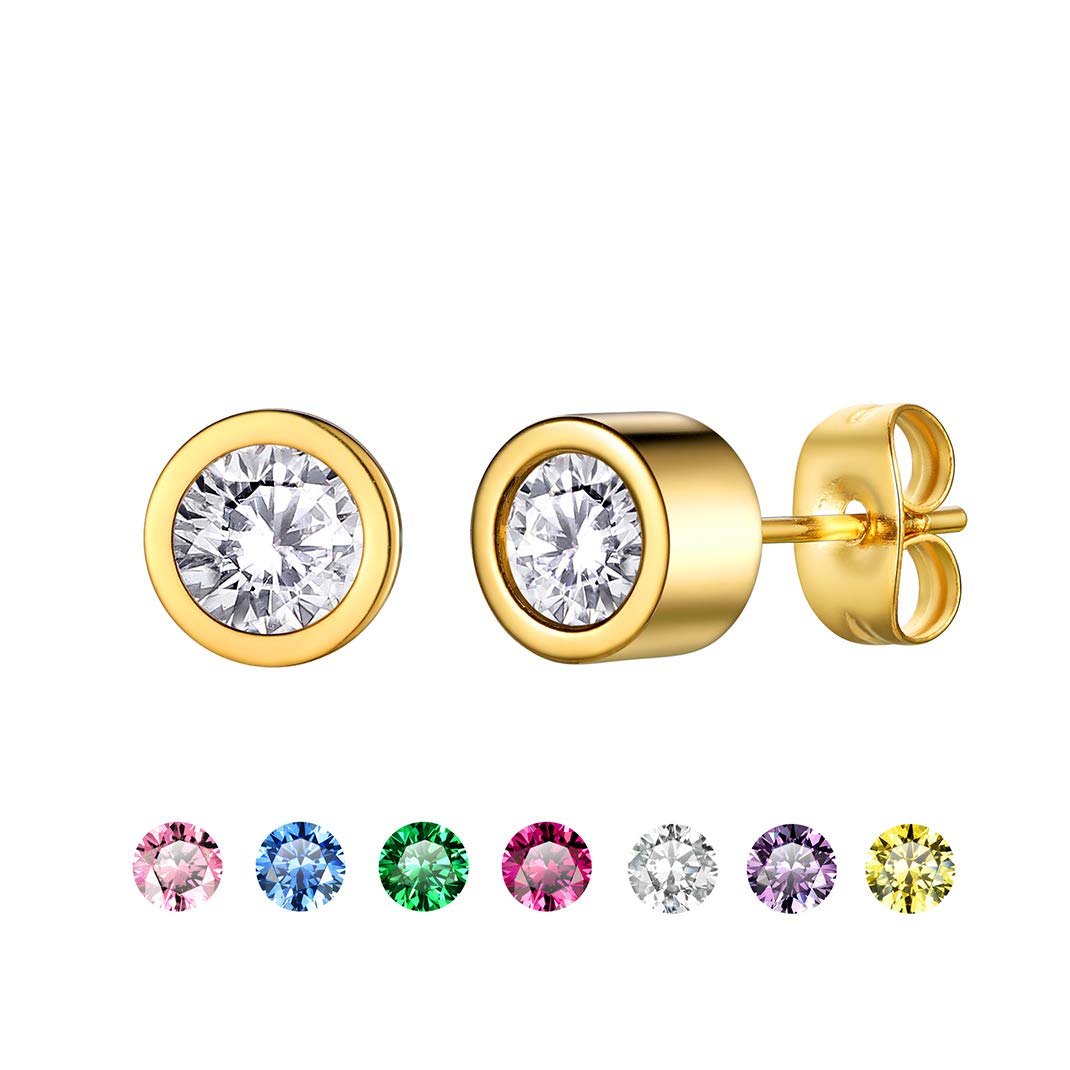 GoldChic Jewelry 5mm Cubic Zirconia Bezel Set Stud Earrings - 7 Pairs Stainless Steel Birthstone Earrings for Women, Interchangeable CZ Stone Studs | Perfect for Gifts, Parties & Everyday Wear