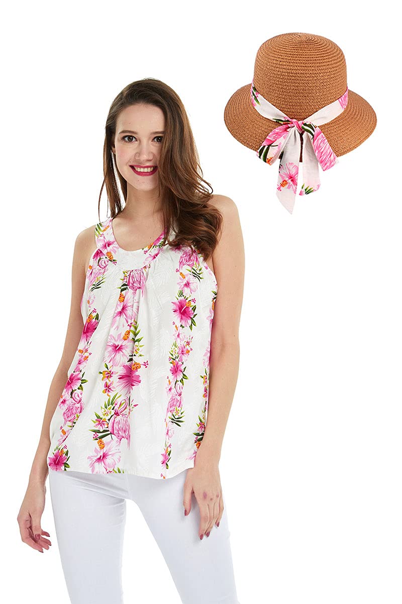 Women's Hawaiian Tank Top - Pink Hibiscus Vine Print, Breathable & Comfortable for Beach Vacation, Summer Party & Tropical Getaway