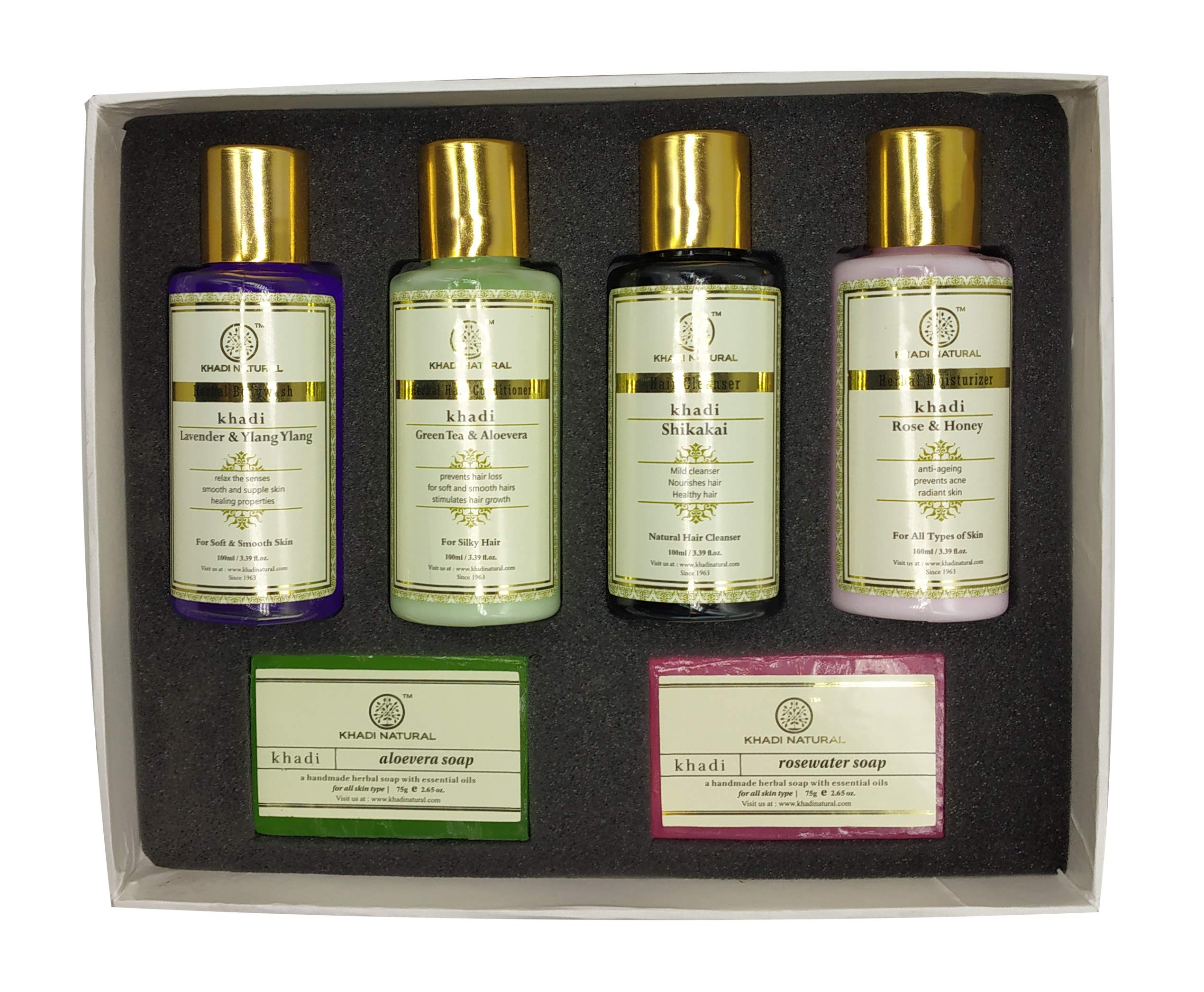Khadi Natural Gift Box Set of 6 - Rose Water Soap, Aloe Vera Soap, Shikakai Cleanser, Green Tea & Aloe Vera Conditioner, Lavender & Ylang Ylang Body Wash, Rose & Honey Moisturizer for All Skin & Hair Types | Perfect for Spa Day, Self-Care Gifts & Ayurvedic Beauty Routine