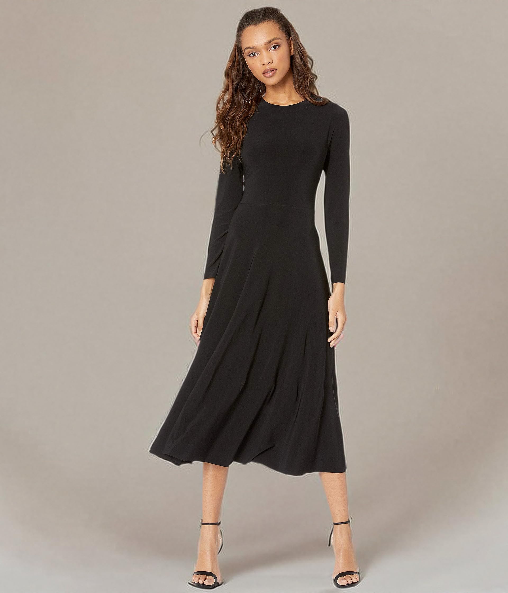 Norma Kamali Women's Long Sleeve Flared Dress - Elegant A-Line Midi Dress for Parties, Weddings & Special Occasions