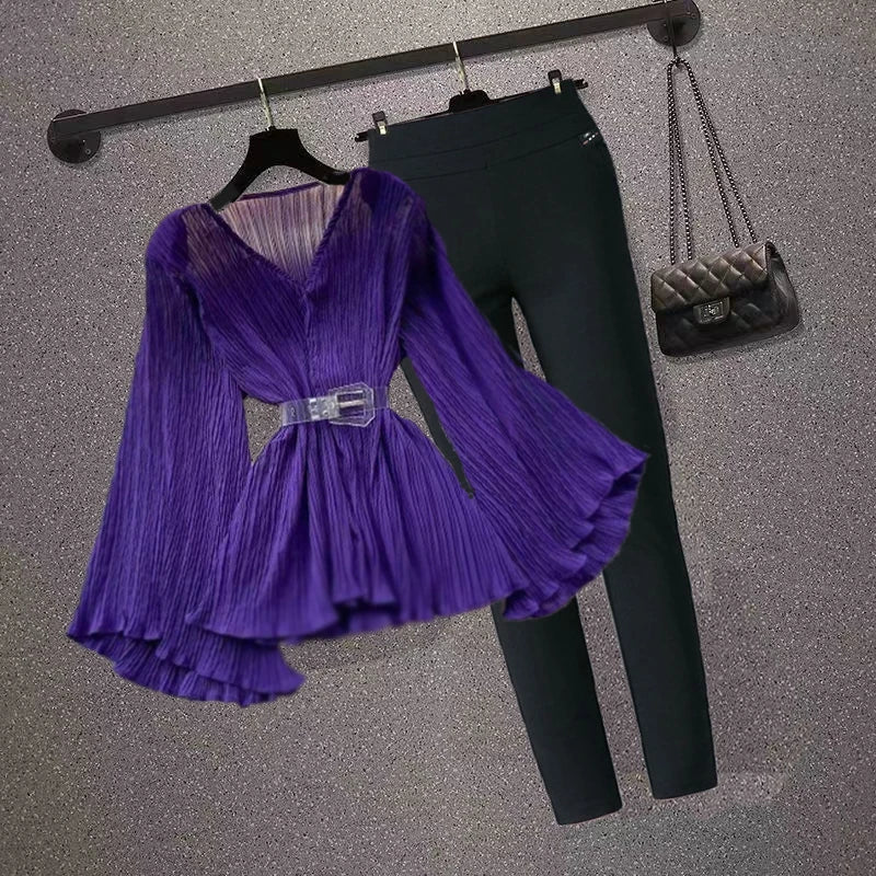 Elegant OL Flared Sleeve V-Neck Blouse & Stretchy Pants Set for Women - Autumn Winter Office Wear & Casual Outfits