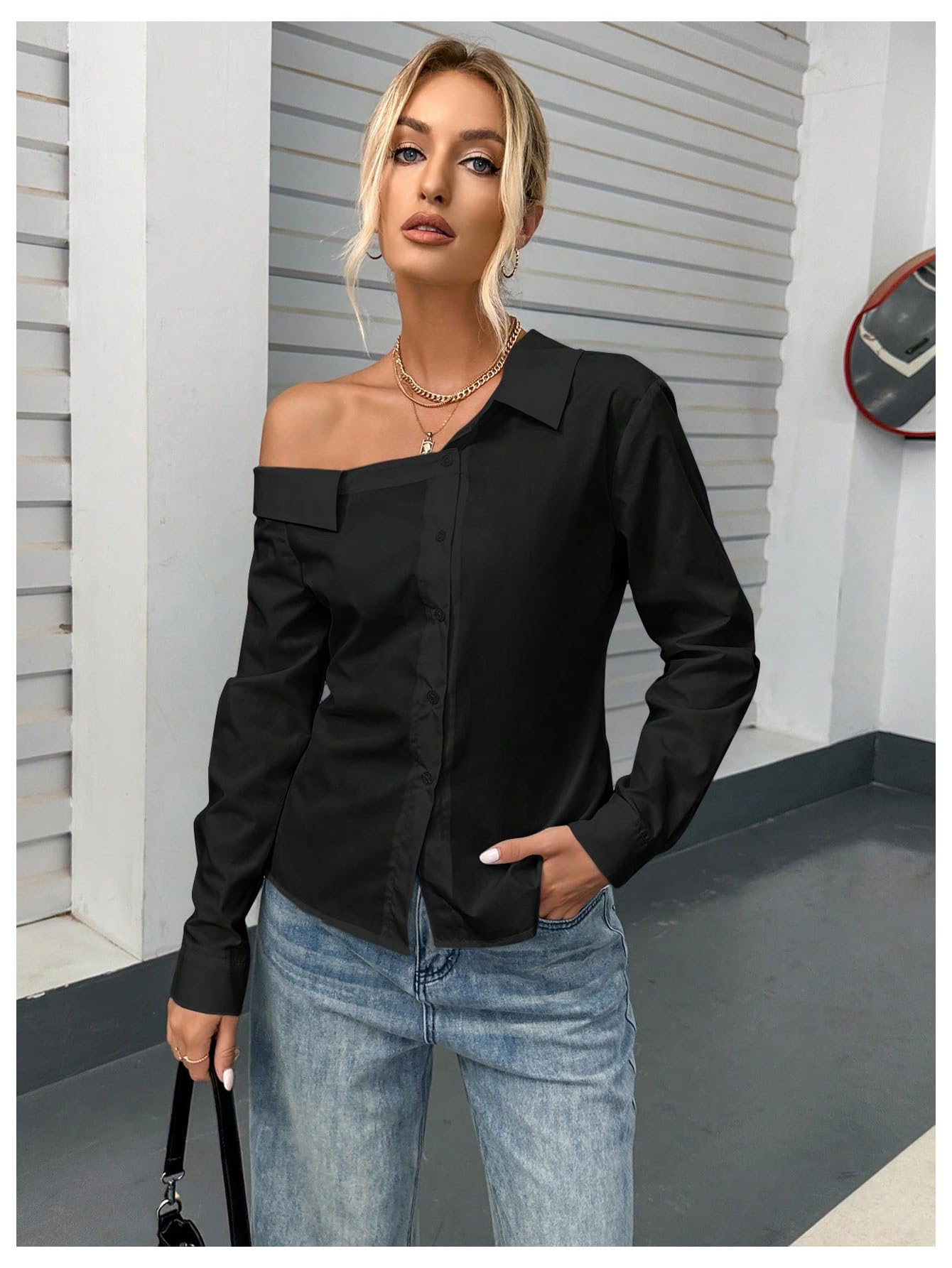 MakeMeChic Women's One Shoulder Button Down Collared Long Sleeve Trendy Blouse Top | Elegant Office Wear & Night Out Fashion | Perfect for Business Casual, Date Night & Special Occasions