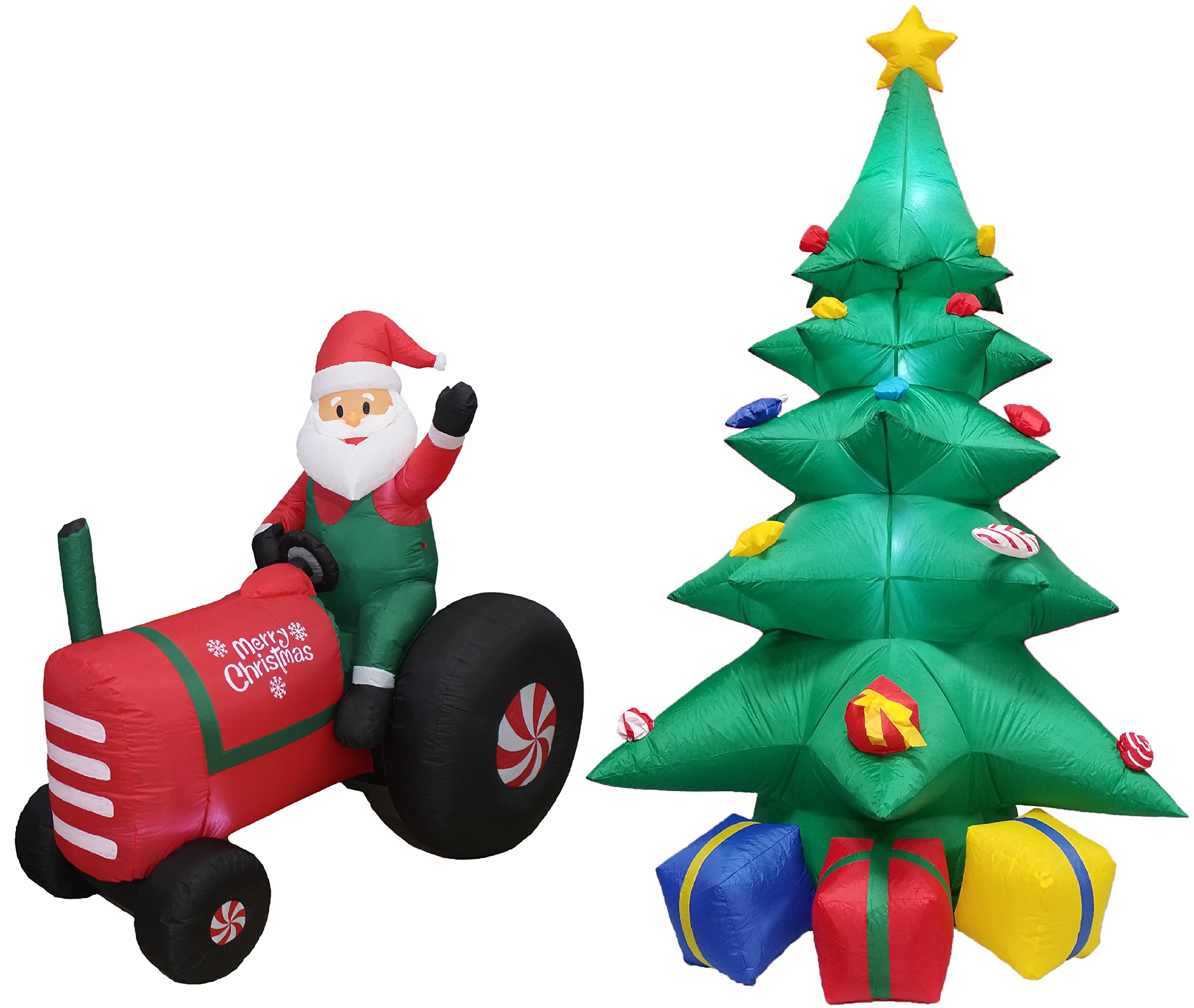 5.3FT Inflatable Santa Claus on Tractor & 8FT LED Christmas Tree with Gift Boxes - Outdoor Holiday Decor Set for Yard, Lawn, and Christmas Party Decoration
