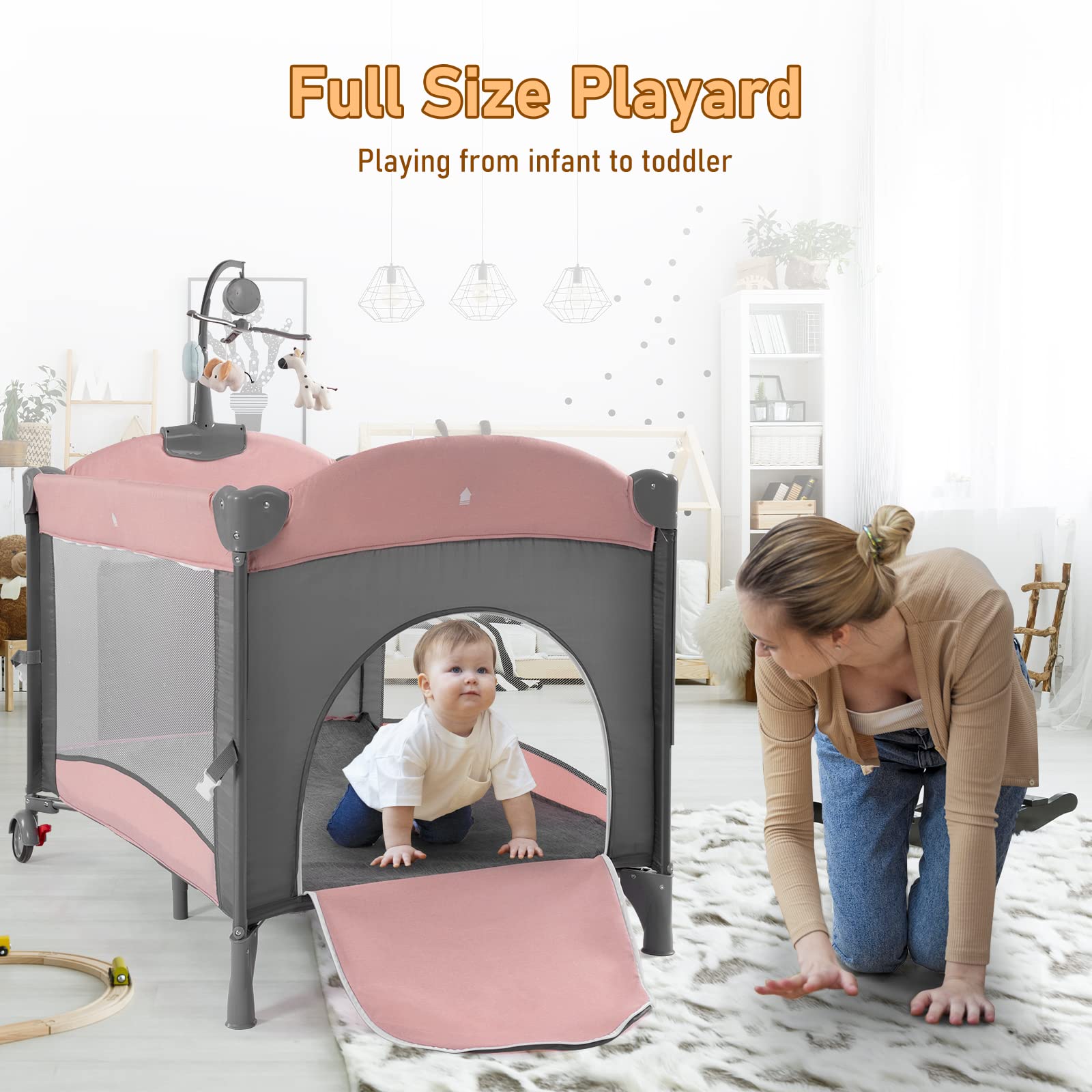 5-in-1 Portable Baby Crib with Bassinet, Changing Table & Playpen - Travel Sleeper with Mattress, Toys & Music Box for Newborns, Infants, Boys & Girls (Pink) | Perfect for Nursery, Bedroom & Travel Use