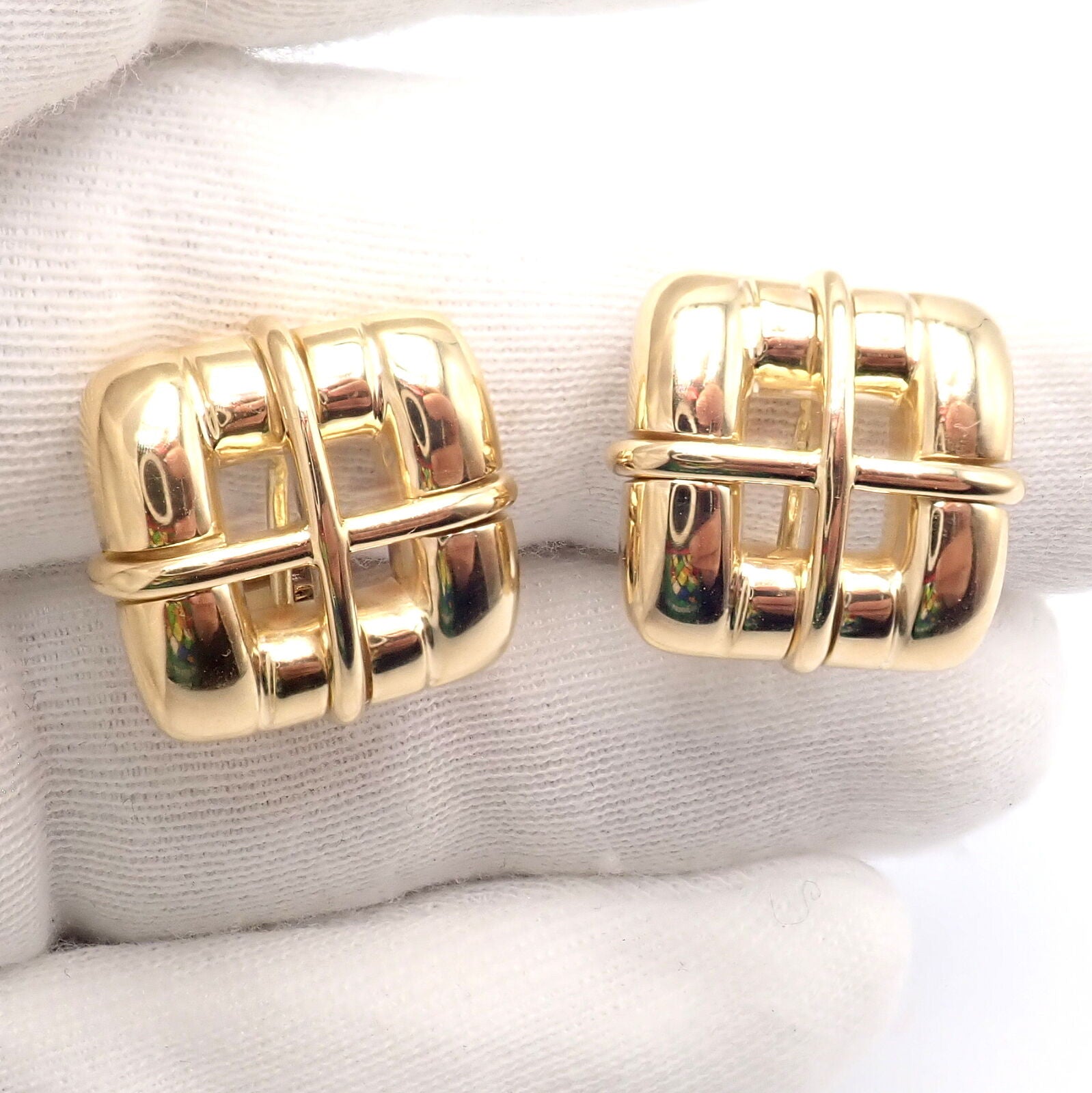 Vintage Tiffany & Co 18k Yellow Gold Square Window Biscayne Earrings - Authentic 2001 Collection | Luxury Jewelry for Women | Perfect for Weddings, Anniversaries & Special Occasions