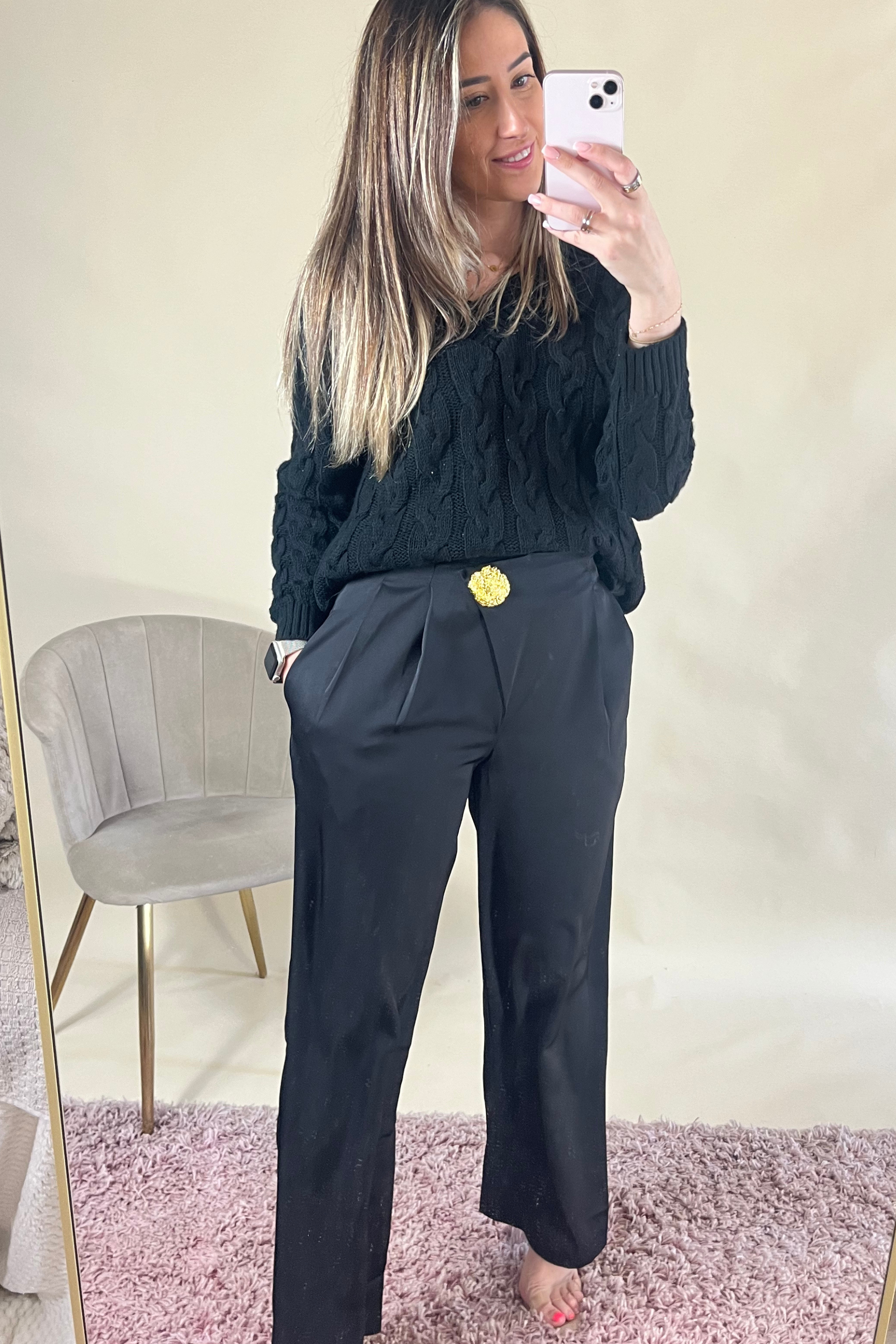 Elegant Black Tailored Trousers with Gold Brooch Detail - Women's Formal Office Pants for Business & Evening Occasions