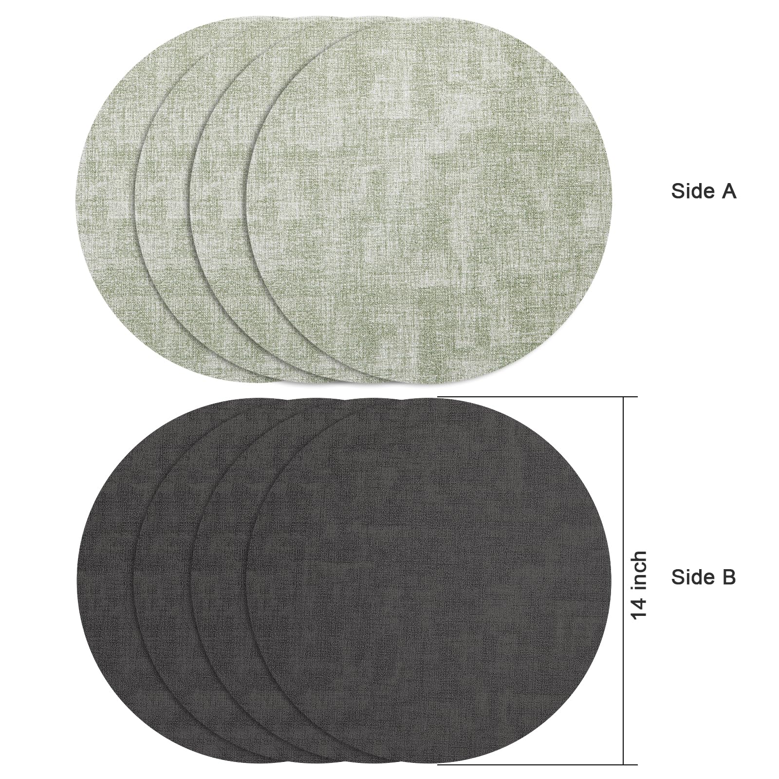 Myir JUN Round Placemats Set of 4 - Dual Sided Faux Leather Table Mats for Dining, Non-Slip & Washable - Indoor/Outdoor Use - Perfect for Dinner Parties, Picnics, and Daily Dining (Gray Grass Green)