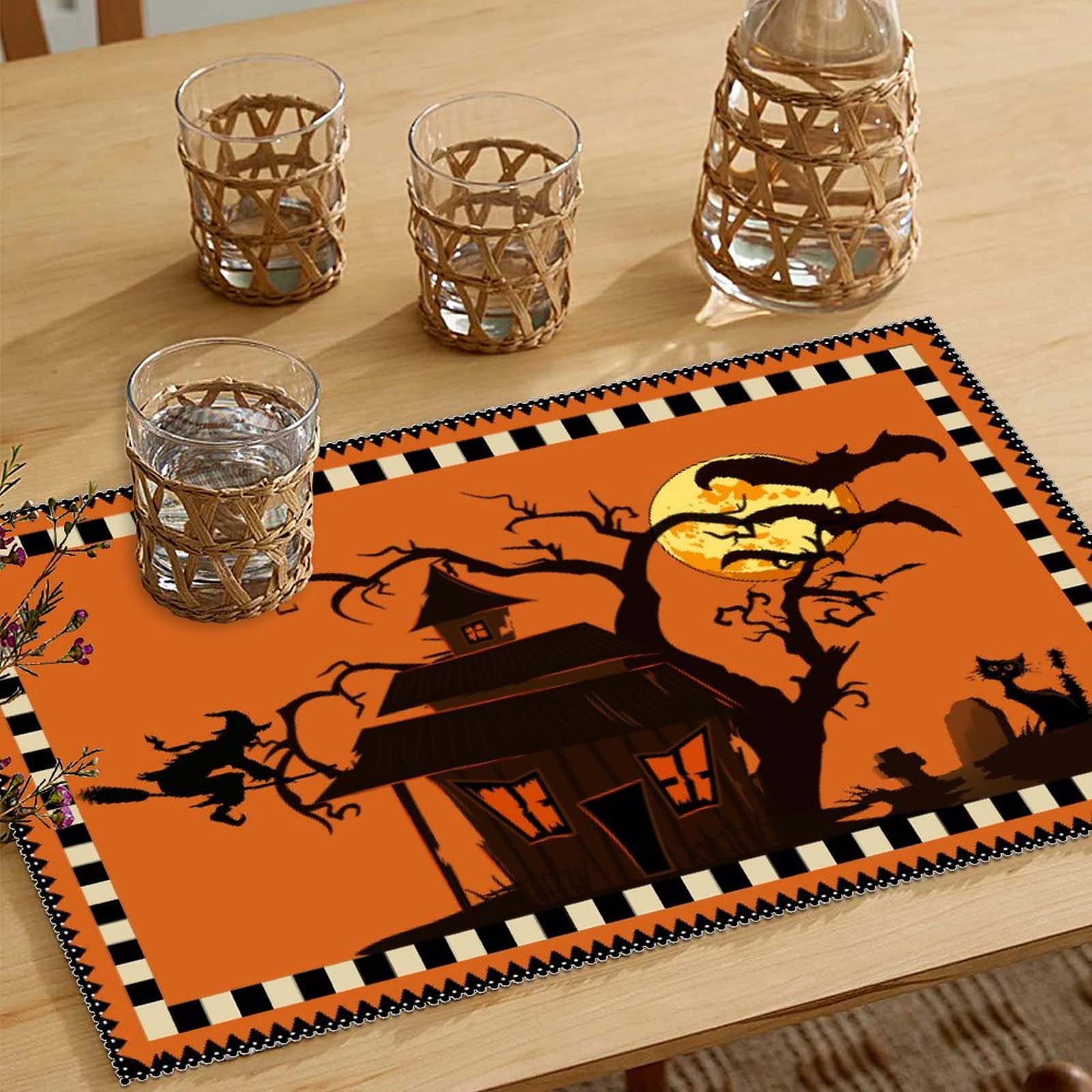 Happy Halloween Placemats Set of 4 - Wicked Pumpkin & Spider Design, Heat Resistant, Washable, Non-Slip Table Mats for Kitchen Dining - Perfect for Holiday Banquets, Fall Decor & Spooky Dinner Parties