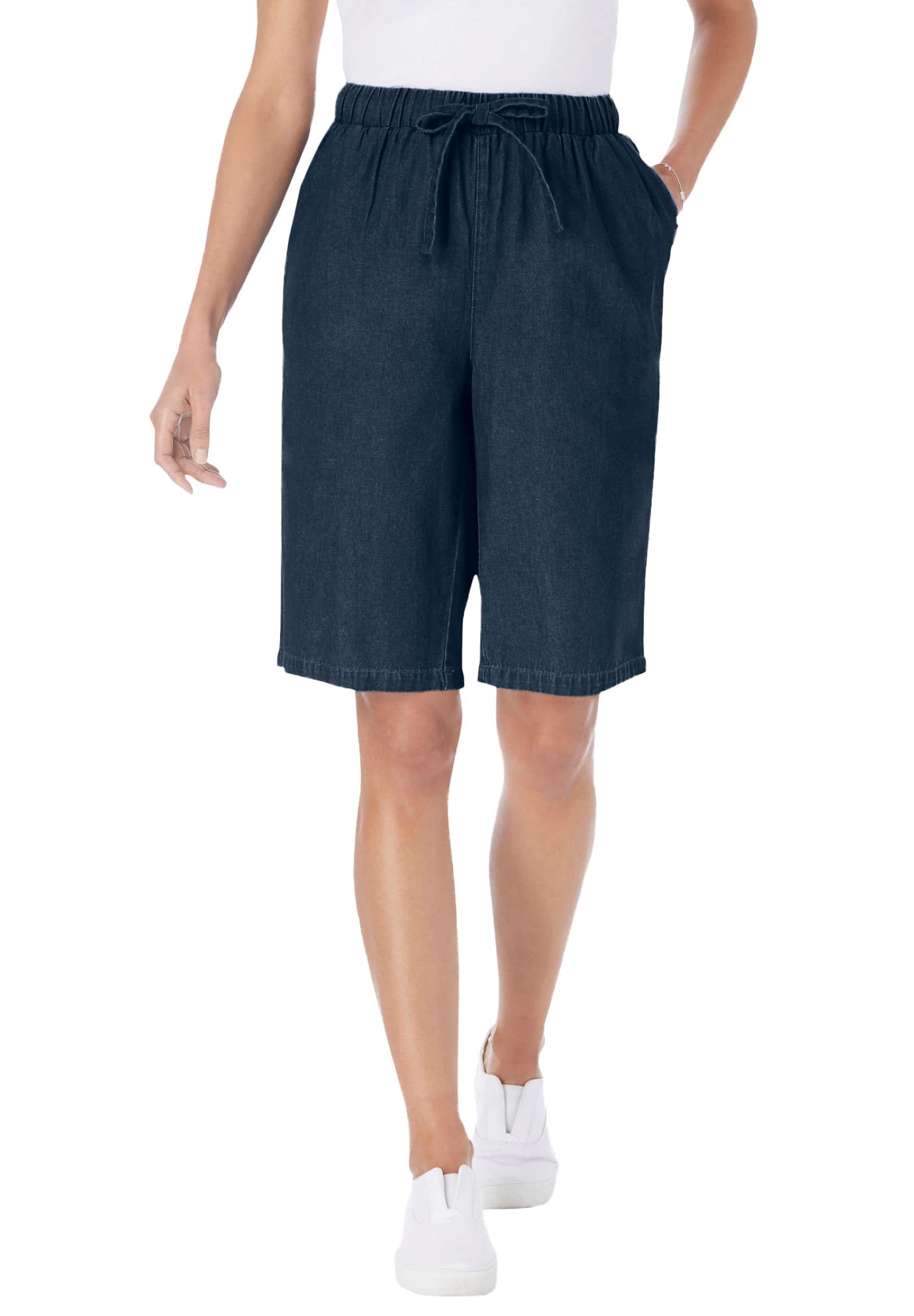 Woman Within Women's Plus Size Drawstring Denim Short Shorts | Comfortable Stretch Denim Shorts for Curvy Women | Perfect for Summer, Beach & Casual Outings