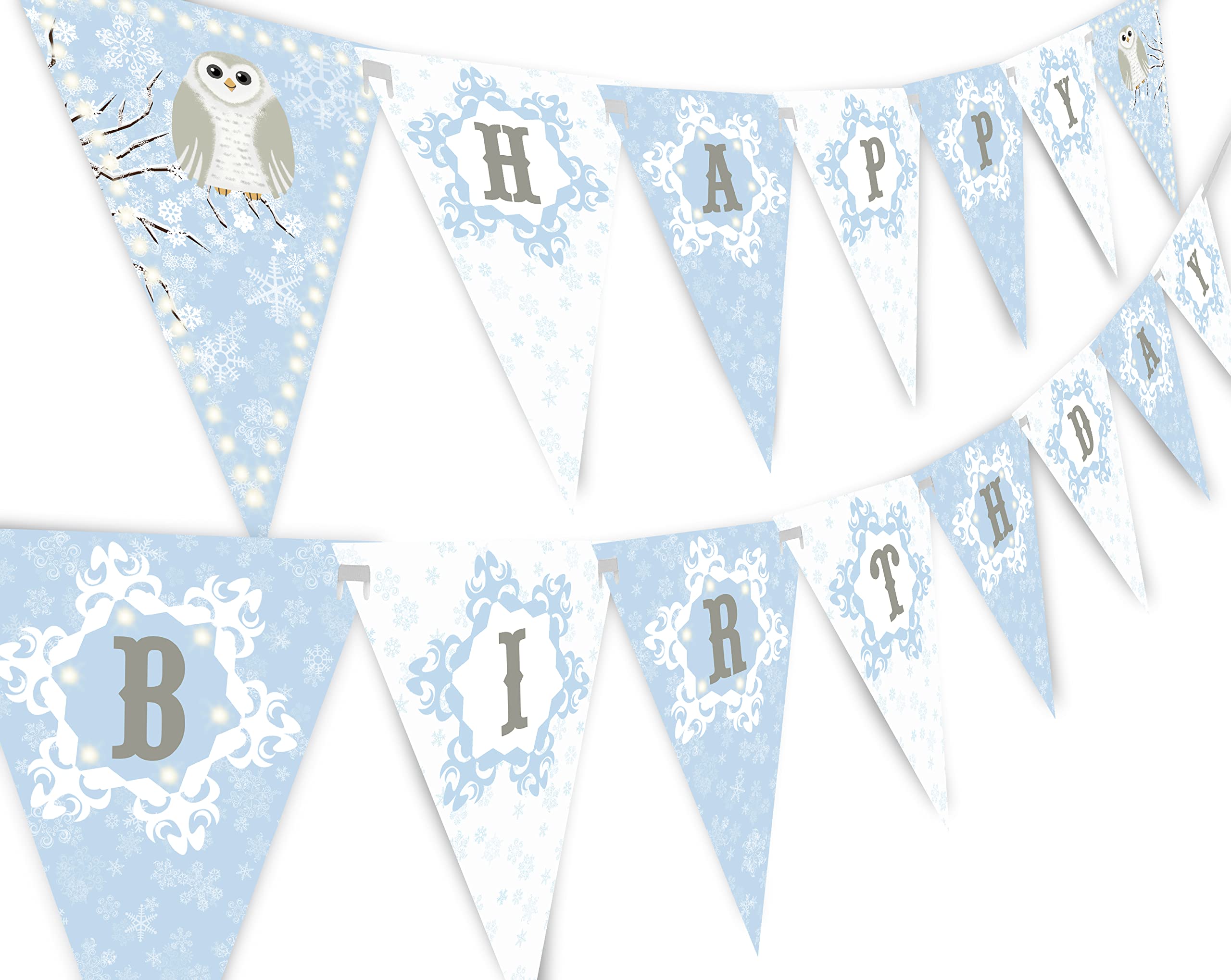 Happy Birthday Banner Snowy Owl Winter Wonderland Party Decorations - Blue Winter ONEderland Birthday Pennant for Winter Wonderland & Snow Themed Parties - Perfect for Baby Showers, Birthdays & Holiday Celebrations
