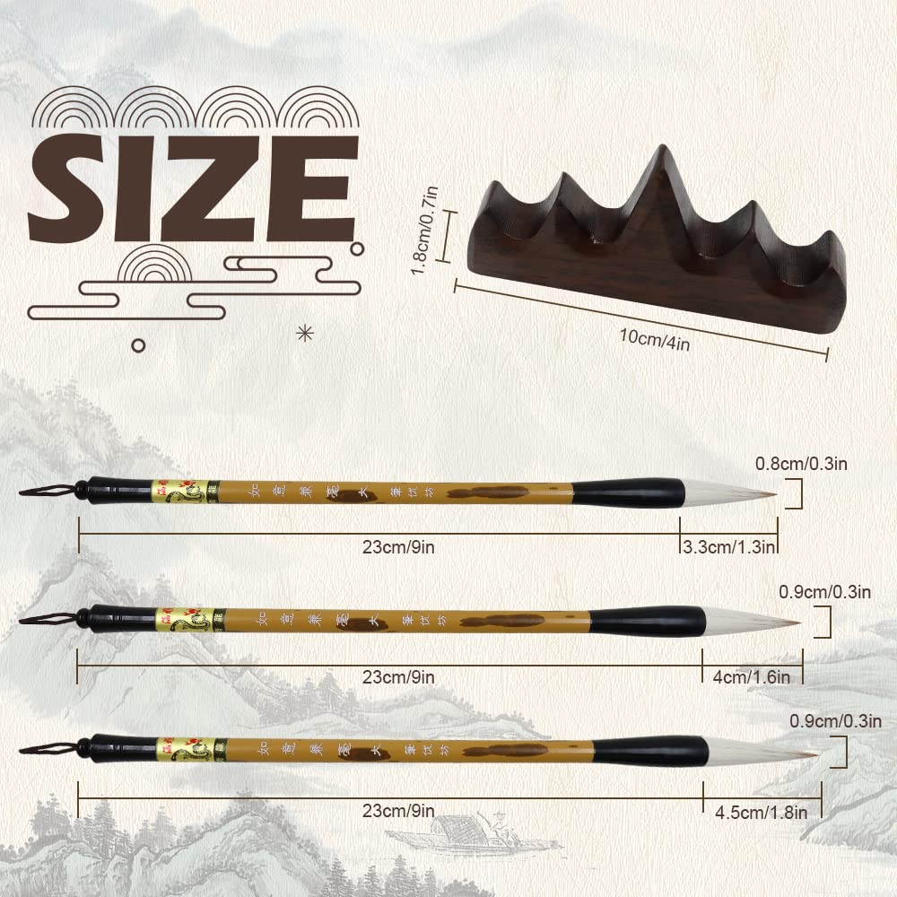 Premium Chinese Calligraphy Brush Set - 3 Sizes (Large, Medium, Small) with Wooden Pen Rest | Sumi Ink Painting & Kanji Writing Brushes for Professionals & Beginners | Perfect for Home Studio, Art Class & Traditional Asian Art Practice
