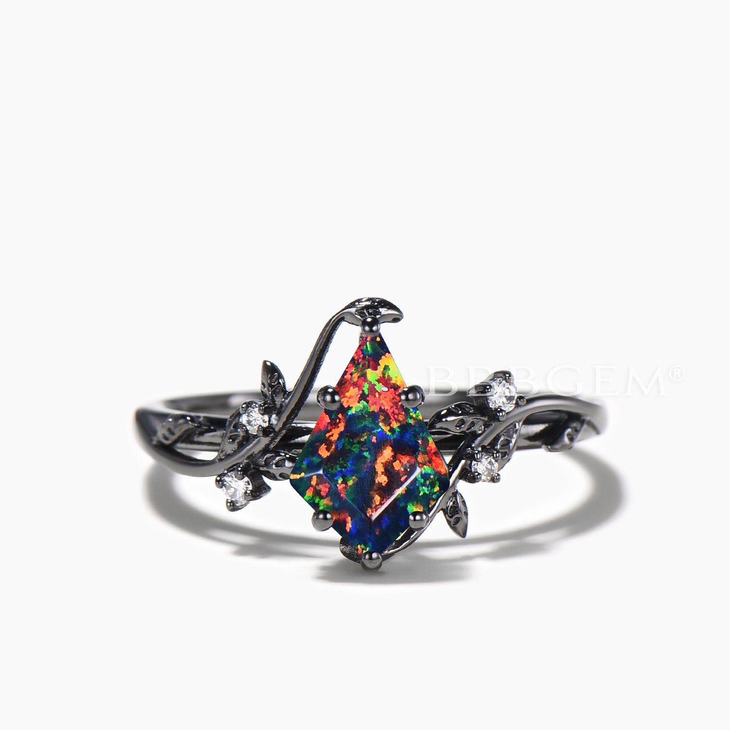 Twig Black Gold Bridal Set - Kite Cut Black Opal Leaf Engagement Ring with Ruby Band - Perfect for Weddings, Anniversaries & Romantic Gifts